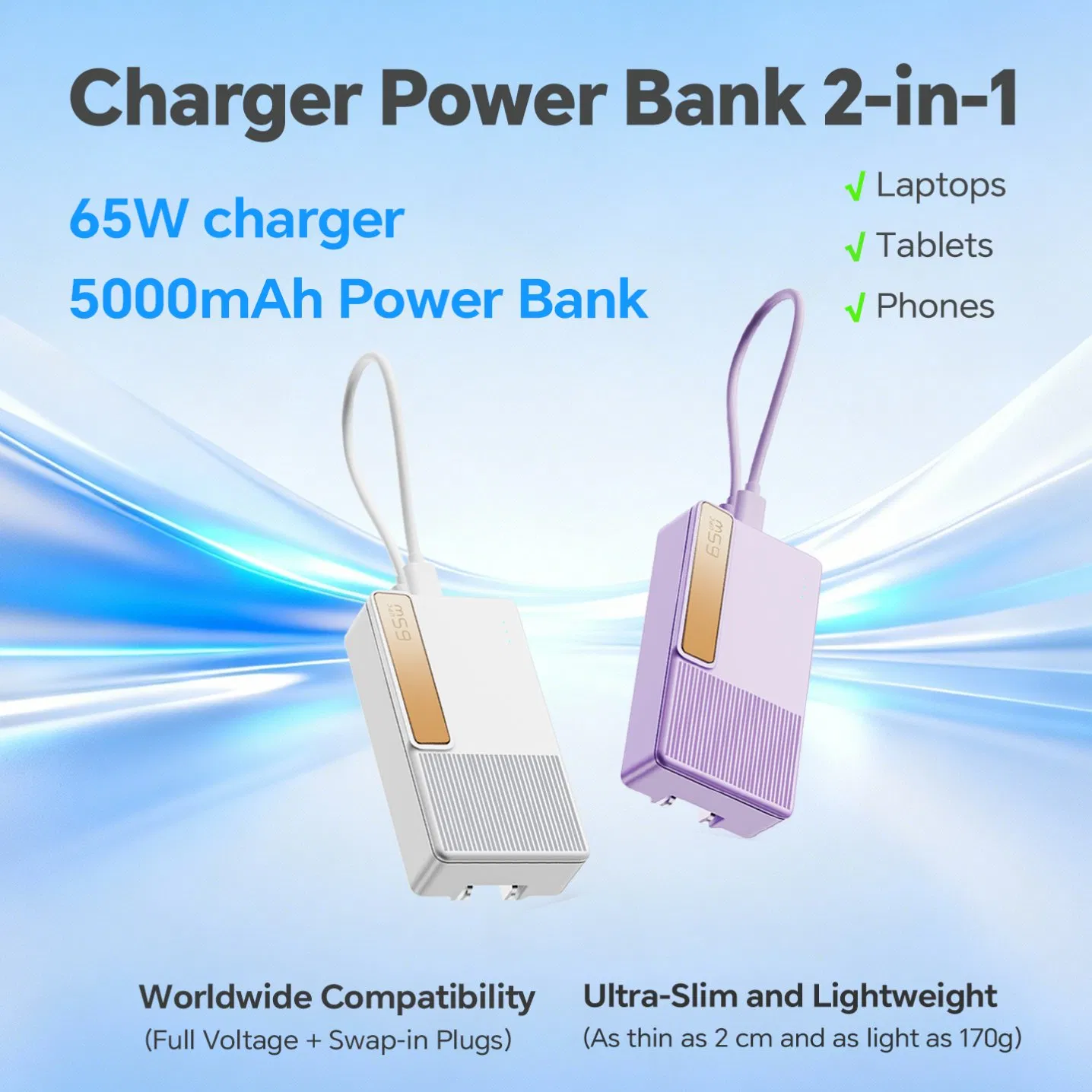 Dual Function Fast Charge Power Delivery 65W GaN Pd Uninterruptible Power Charger for Smartphones