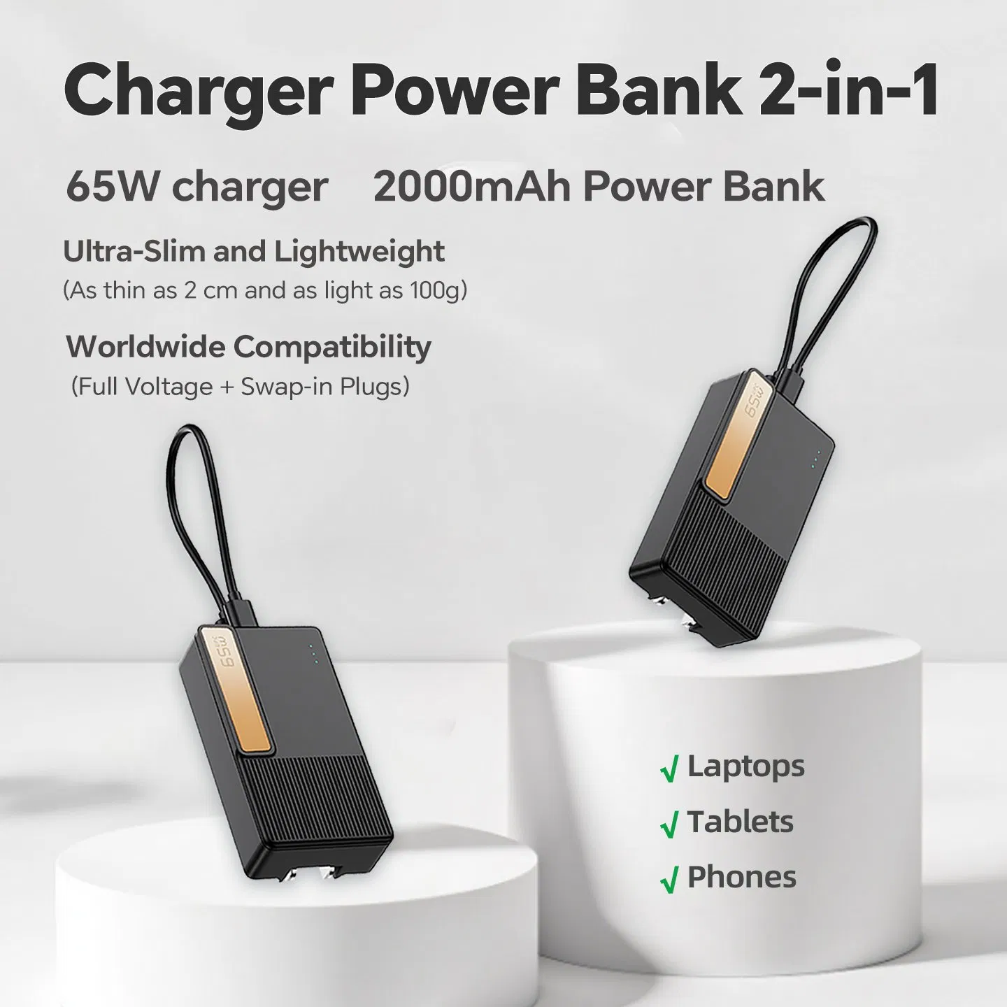 65W Compact USB-C GaN Charger 2000mAh Power Bank Travel Device