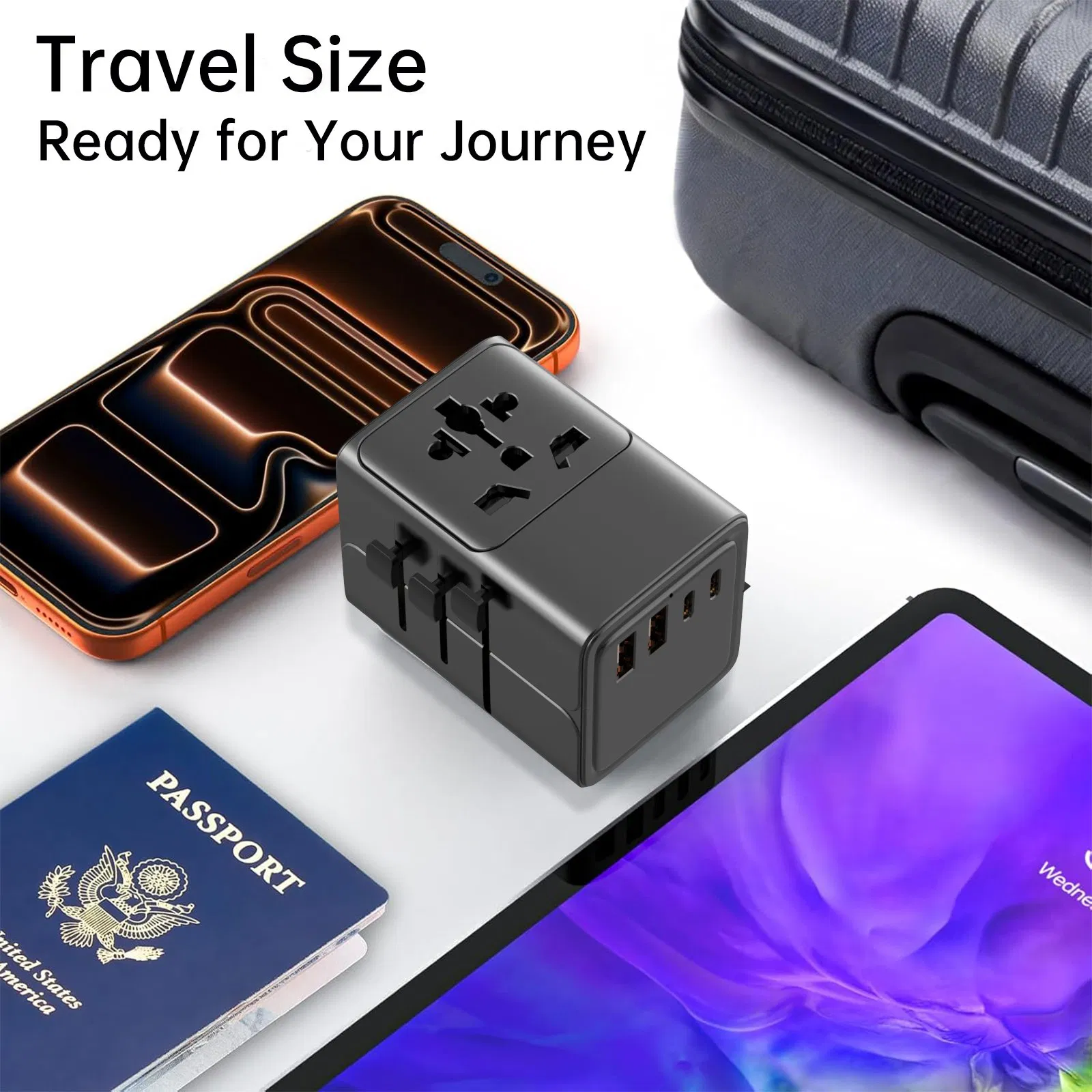 65W GaN World Travel Adapter 2-USB-a 2-Type-C Port Groblal Charger Compatible Plug