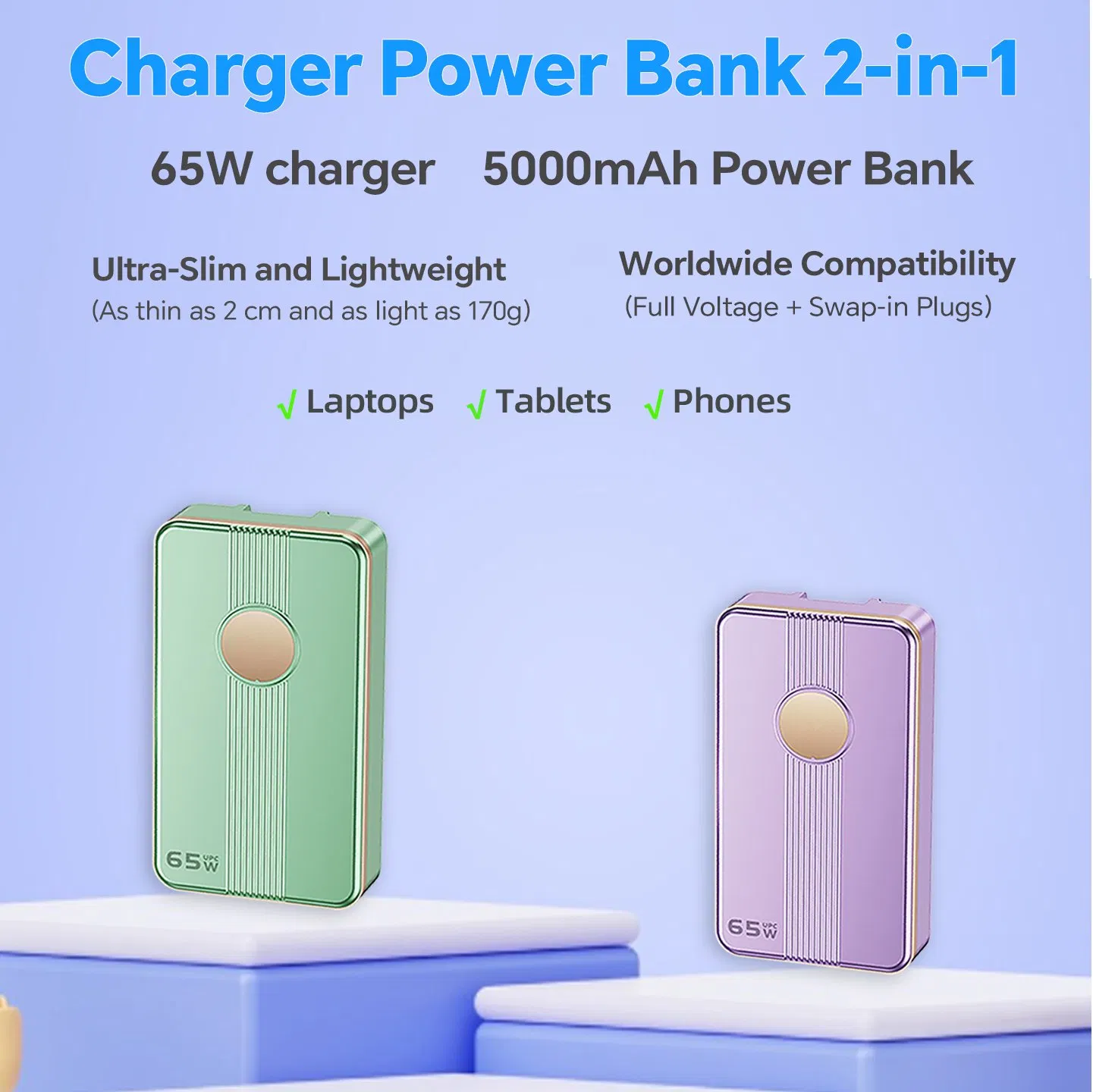 65W USB-C Charger 5000mAh Power Bank GaN Compact Travel Adapter