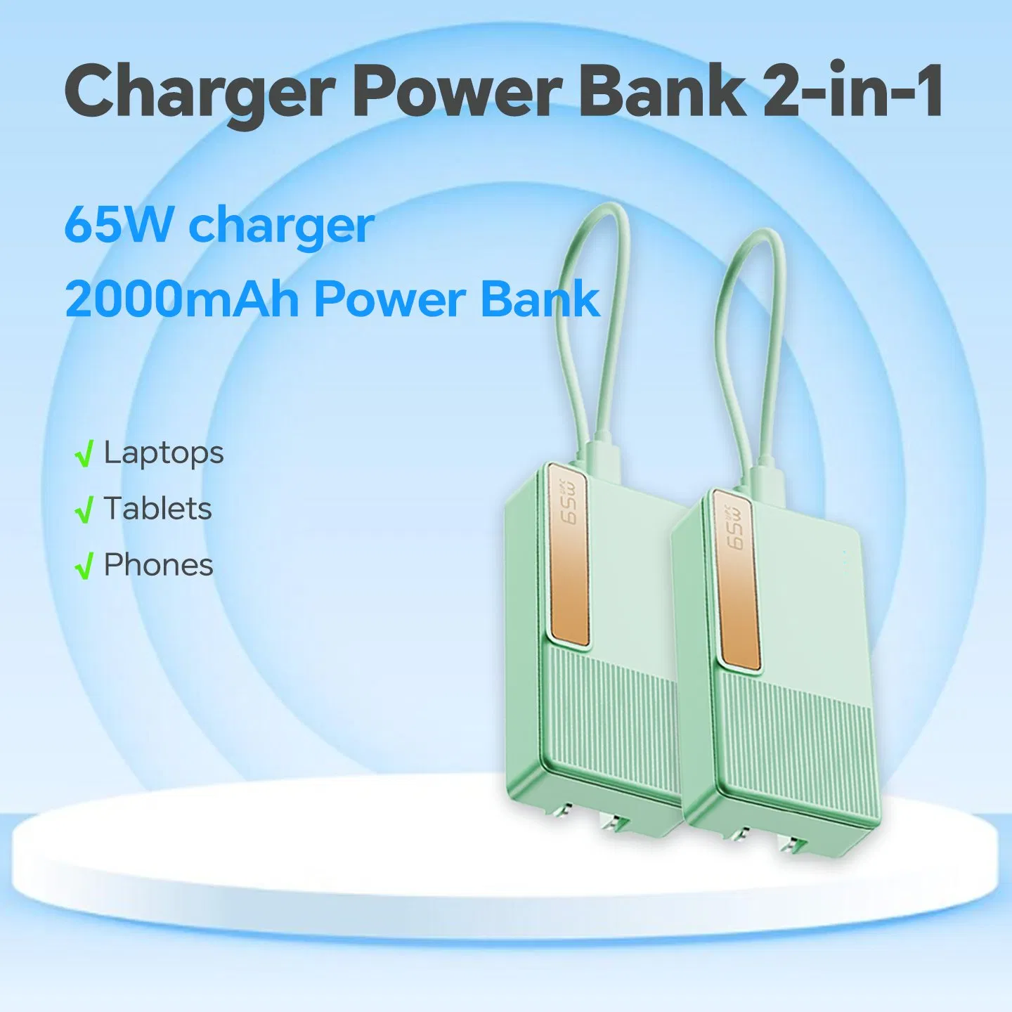 65W Power Delivery Fast Charger 2000mAh Power Bank Charger for Laptop Mobile Phone and Portable Electronic Device