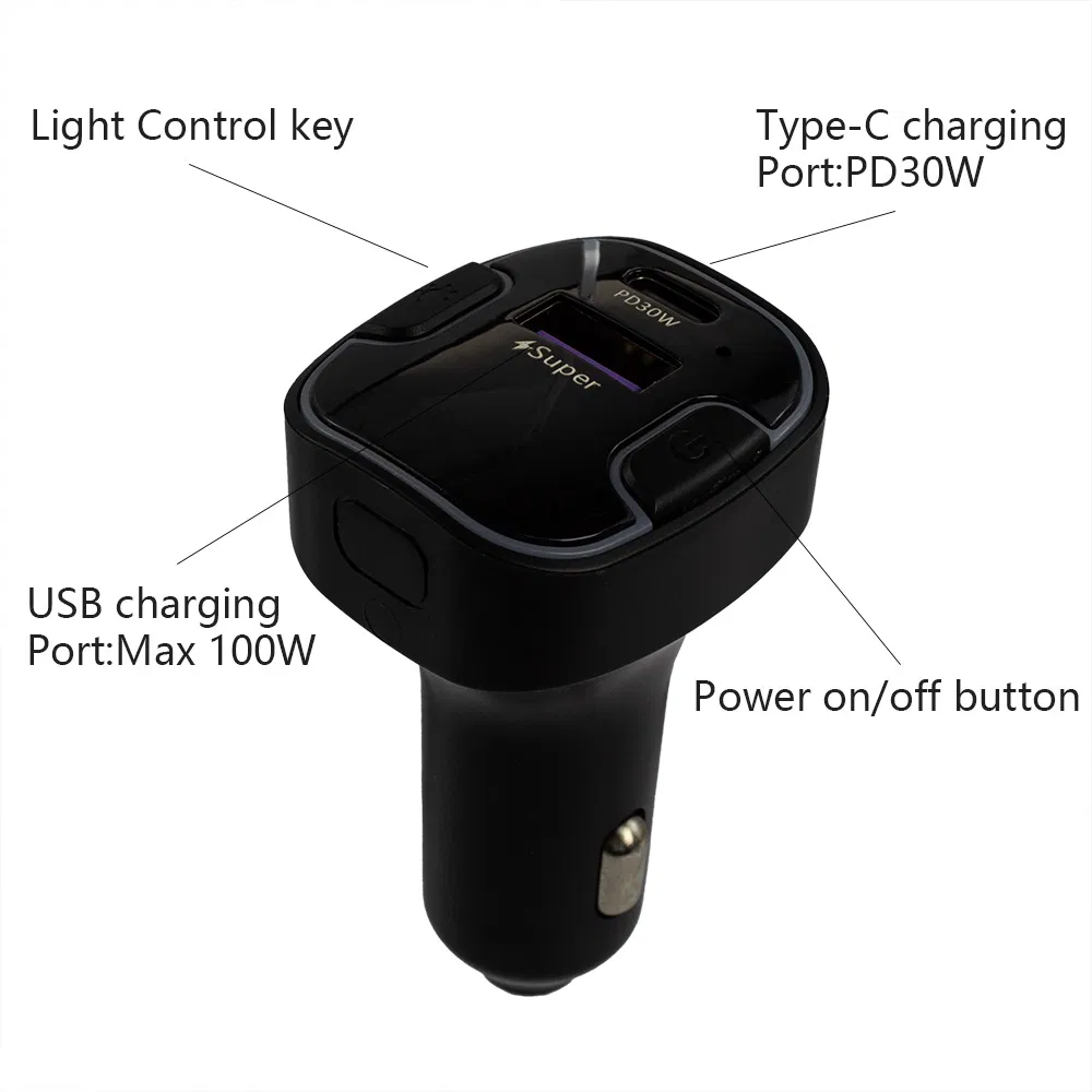 Car Charger Super Fast Charging Pd 15/30W Type C Adapter USB 100W with RGB Breathing Lighting