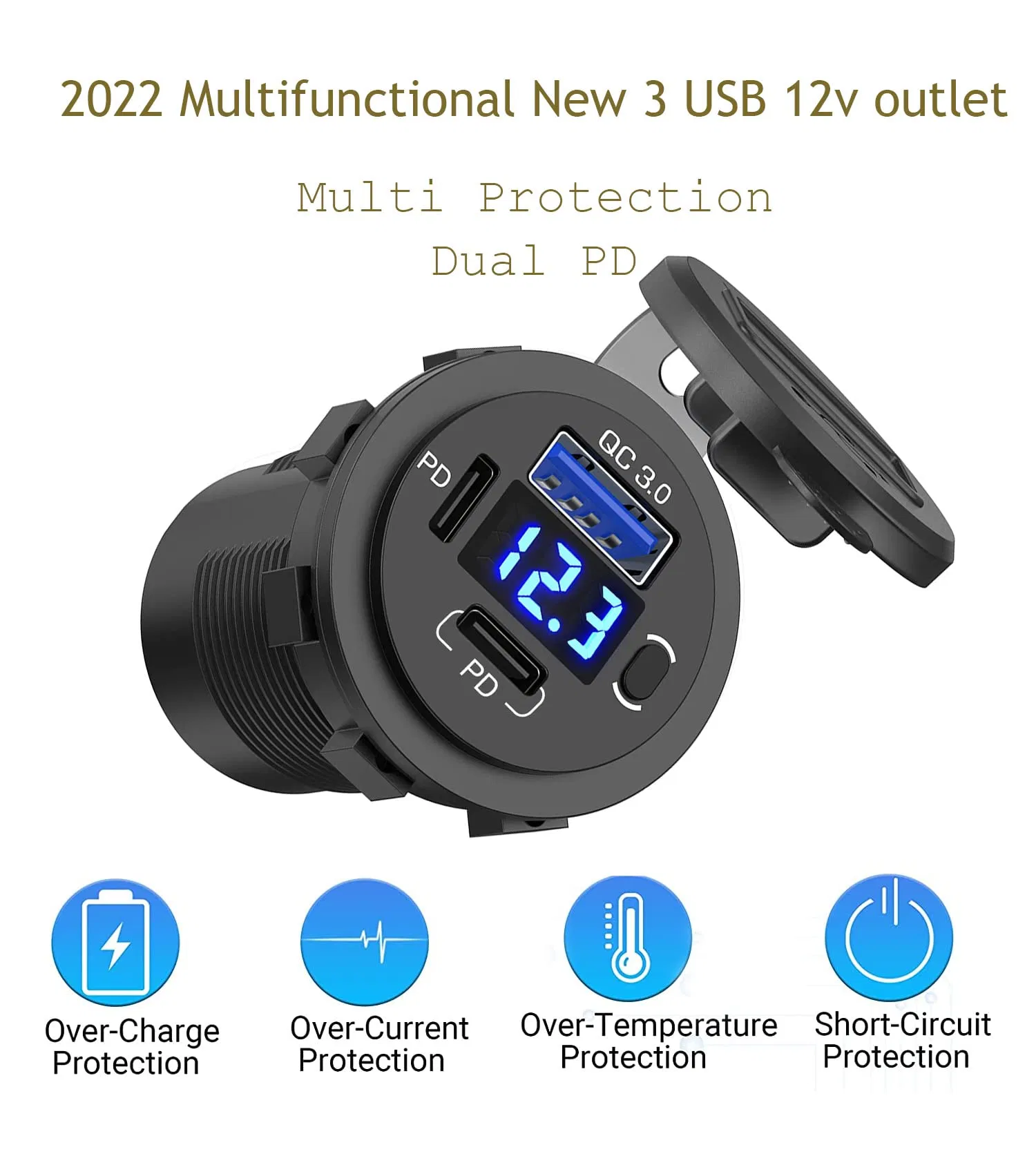 Universal USB C Car Charger Outlet Socket 20W Pd &amp; Dual 18W QC3.0 Port 12V-24V