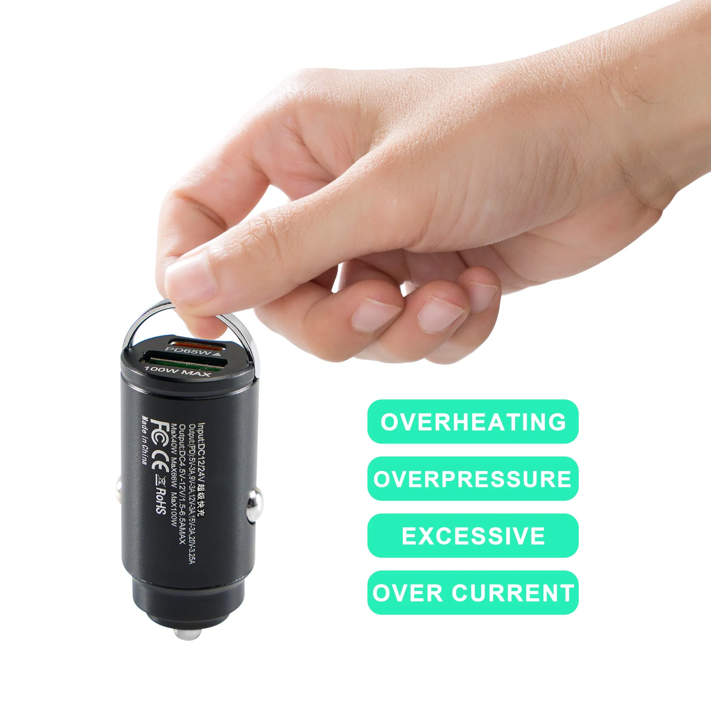 100W Mini Dual USB C a Pd Car Charger Fast Charging for Phone Laptop Cigarette Lighter Adapter