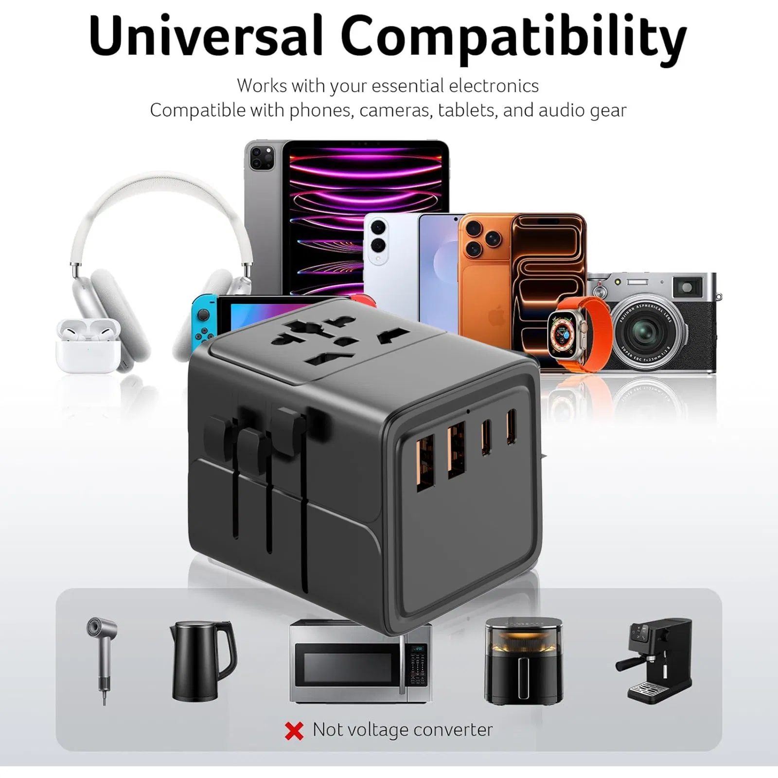 65W GaN World Travel Adapter 2-USB-a 2-Type-C Port Groblal Charger Compatible Plug