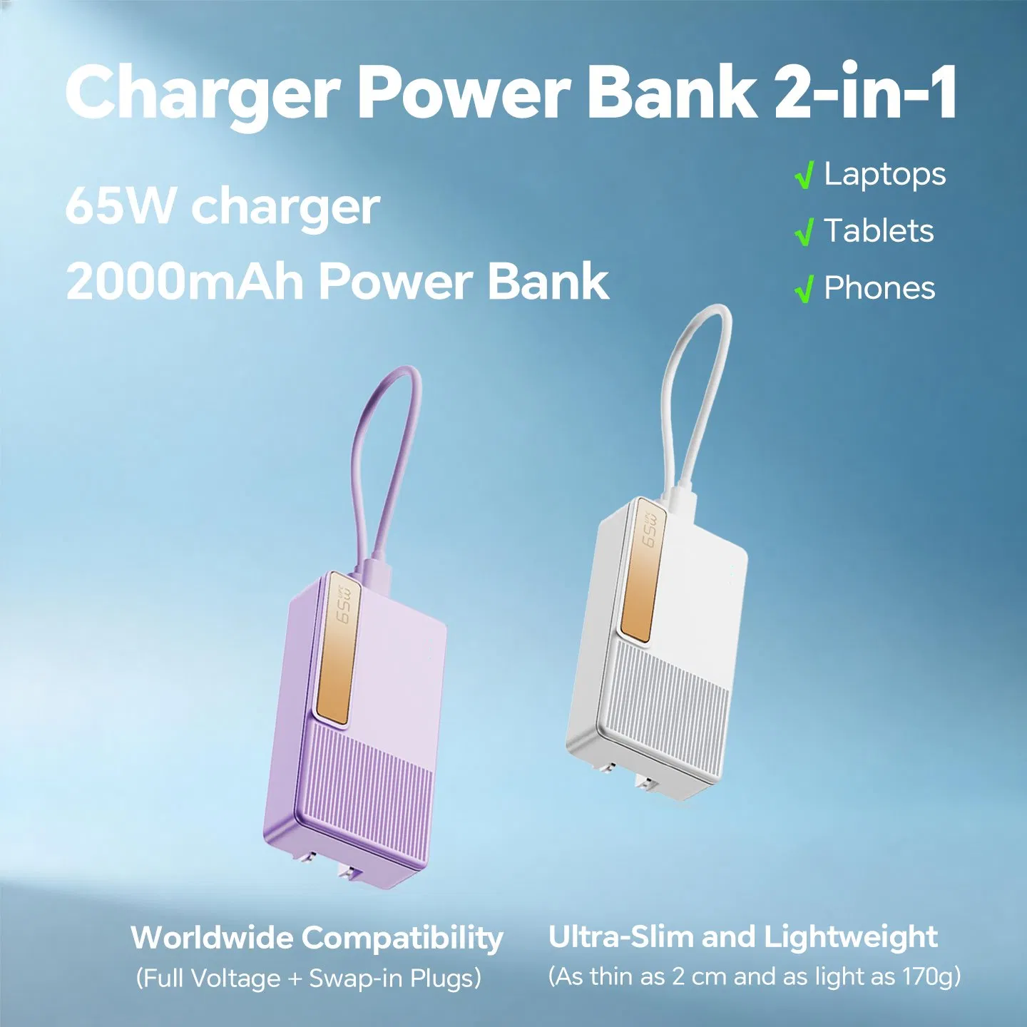 Power Bank Temperature Control Power Delivery 65W GaN Pd Power Charger for USB Devices