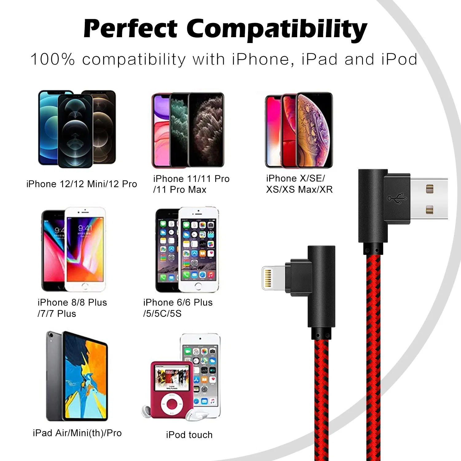 Durable USB to Lightning Cable Nylon Braided 90 Degree Angle for iPhone Mfi Mobile Devices