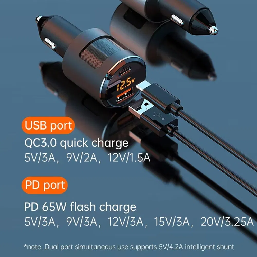 2026 New Arrival Metal Fast Charging 65W Power Delivery Adapter Mini Portable Car Charger