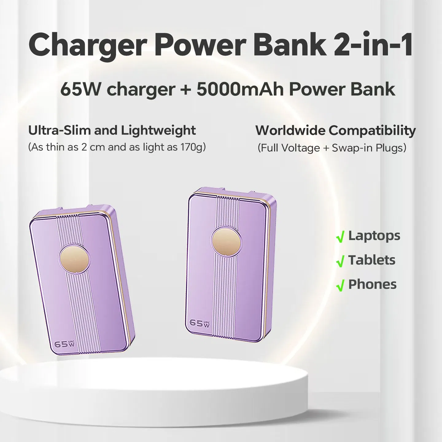 65W USB-C Power Delivery Charger with Power Bank GaN Adapter