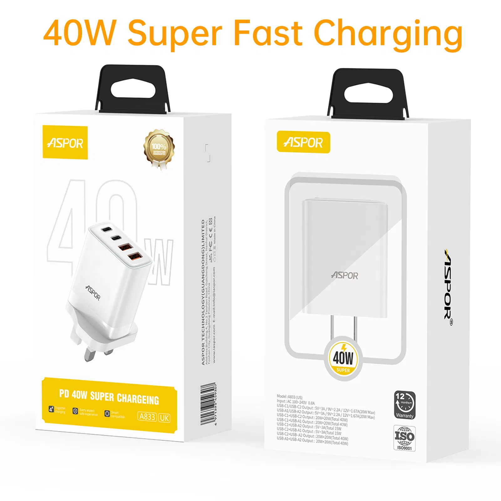 40W Phone Charger Dual USB-C and USB-a Fast Charger for iPhone Samsung