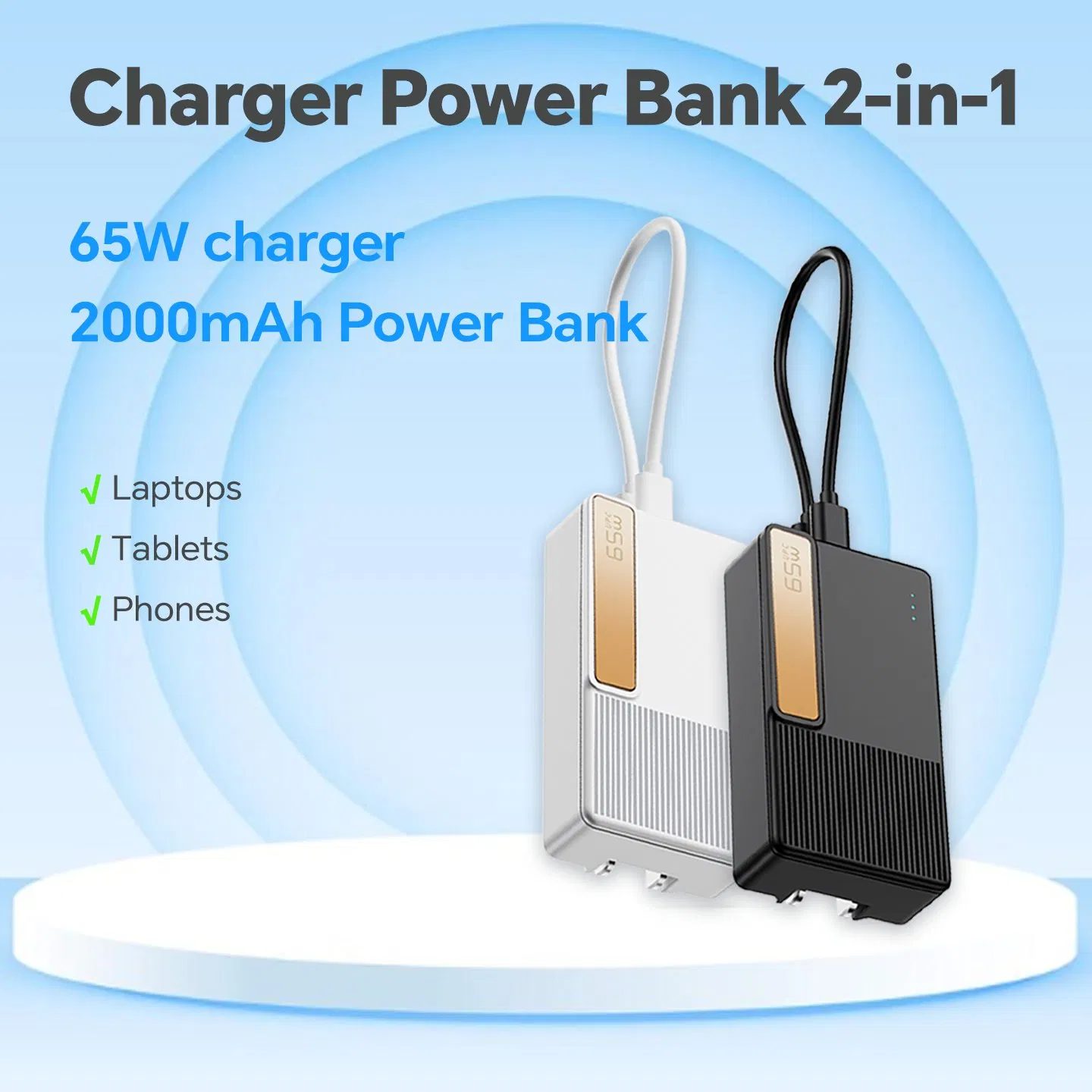 65W Power Delivery Fast Charger 2000mAh Power Bank Charger for Laptop Mobile Phone and Portable Electronic Device