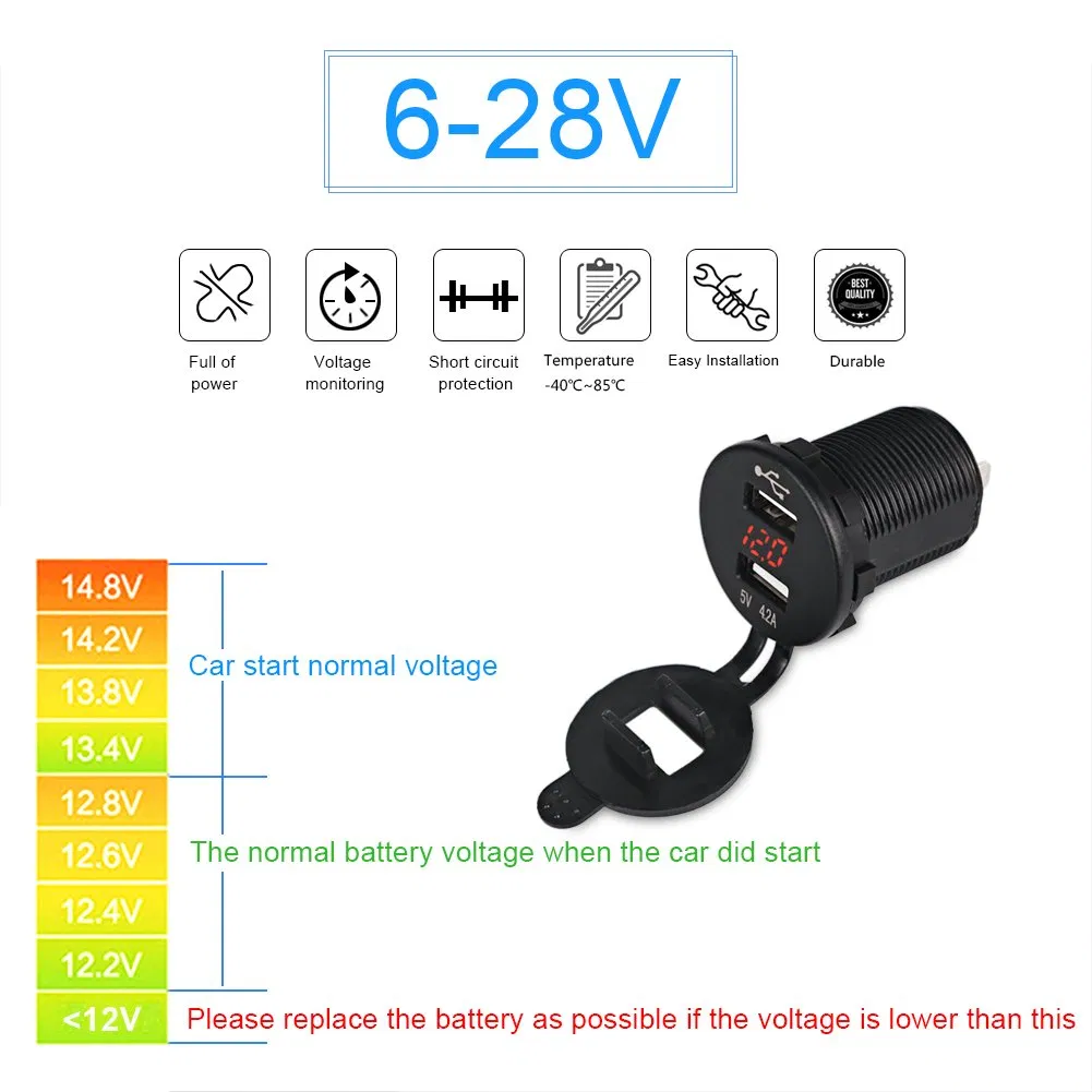 5V 2.1A 2.1A (4.2A) Marine Dual USB Charger Adapter Car Charger Socket Fast Charging with LED Diigital Voltmeter