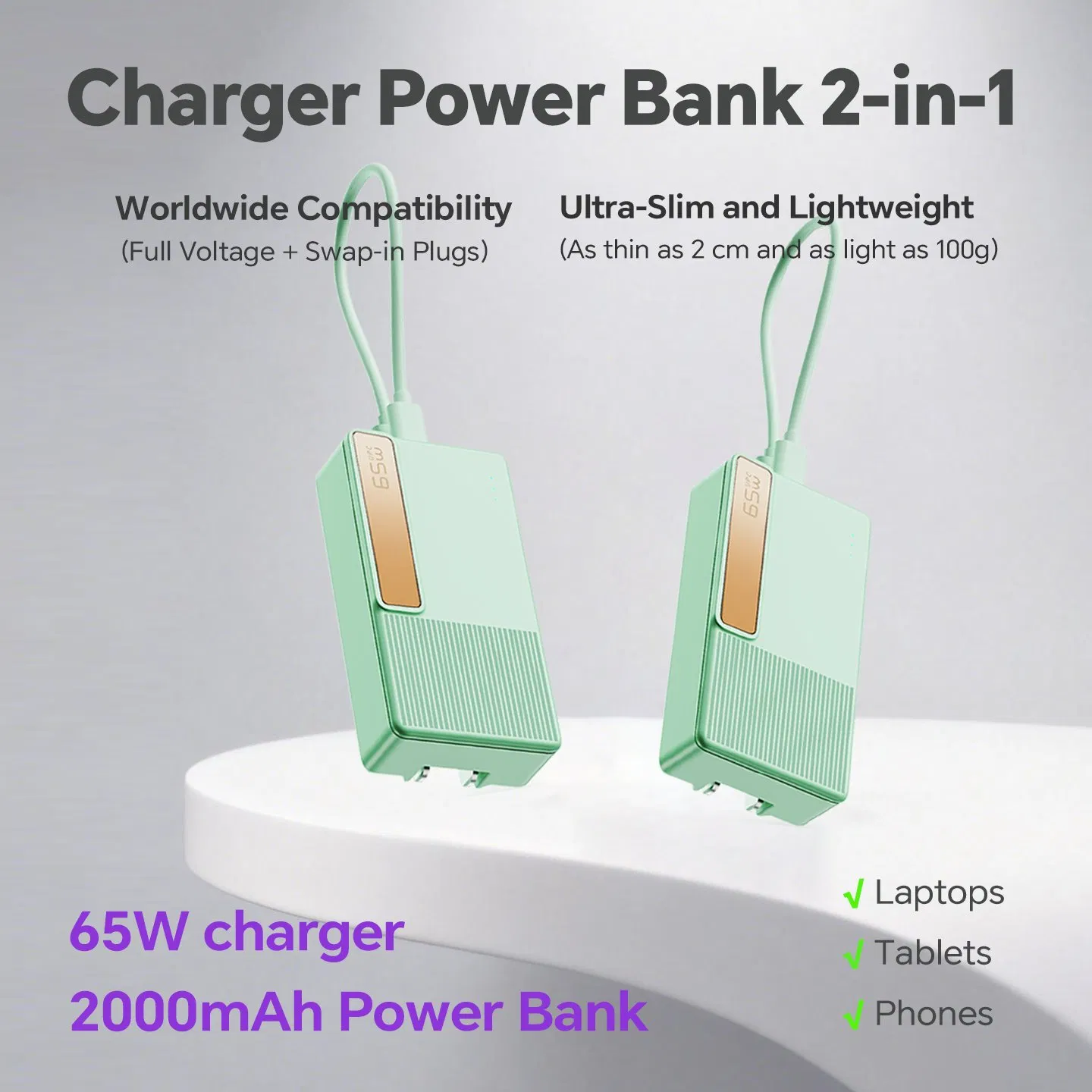65W Power Delivery Charger 2000mAh Power Bank for Laptops Mobile Phones and Small Current Devices