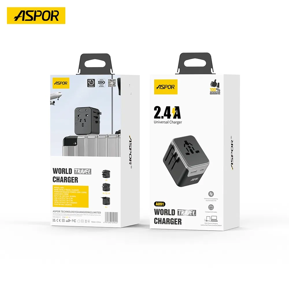 Aspor A891 Power Adapter 2.4A Multi-Country Charger with EU/UK/Us/Au