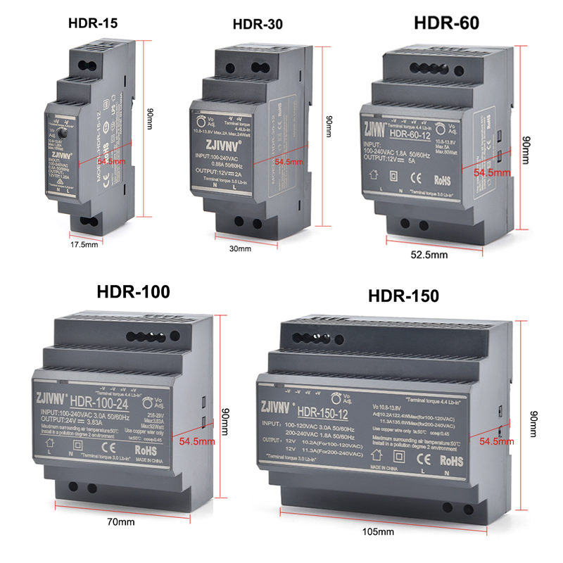 15W 30W 60W 100W 150W Hdr Series Switching Power Supply DIN Rail AC-DC 12V 24V 36V 48V SMPS for Industrial Equipment Hdr-15 Hdr-30 Hdr-60 Hdr-100 Hdr-150