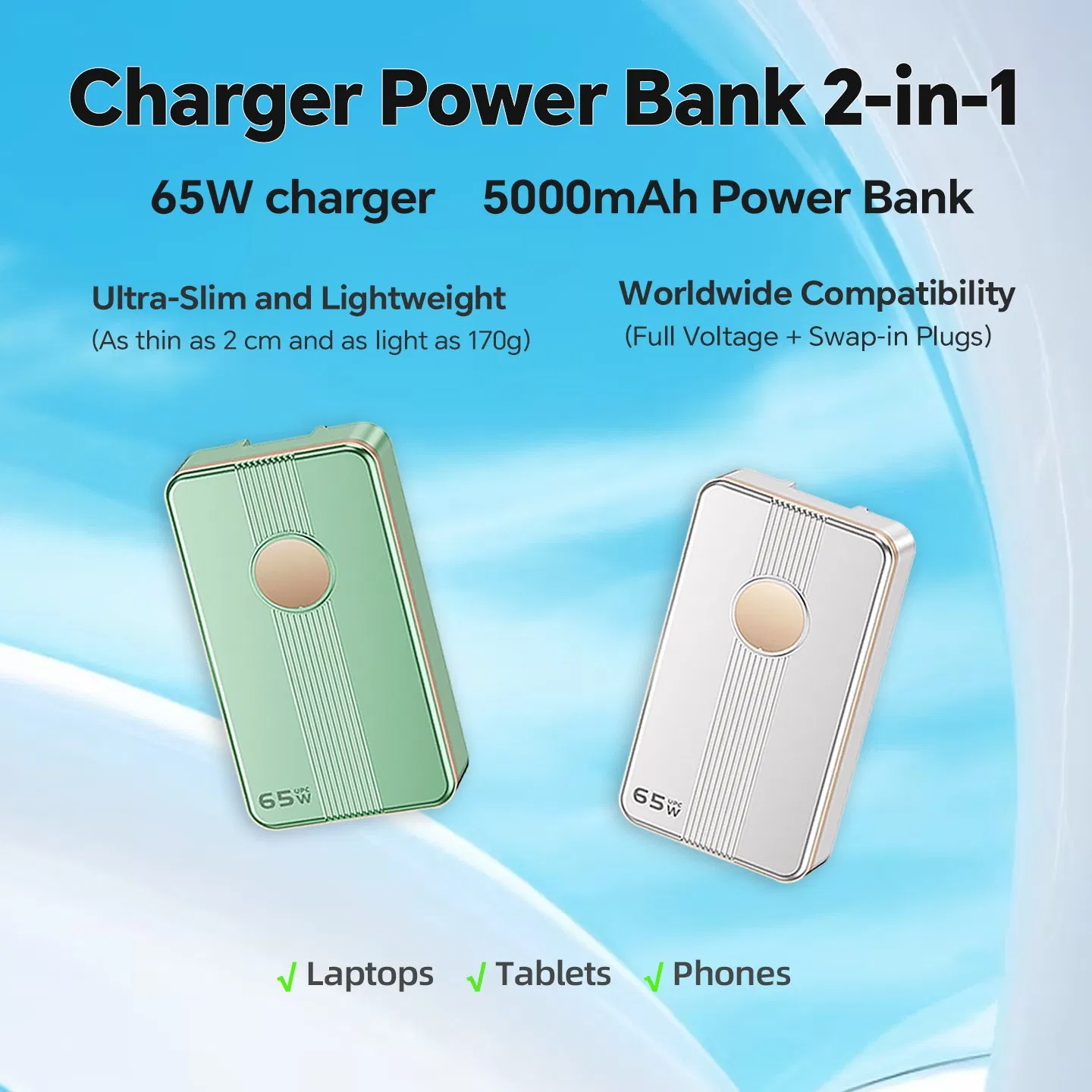65W USB-C Power Delivery Charger Integrated 5000mAh Power Bank for Worldwide Travel