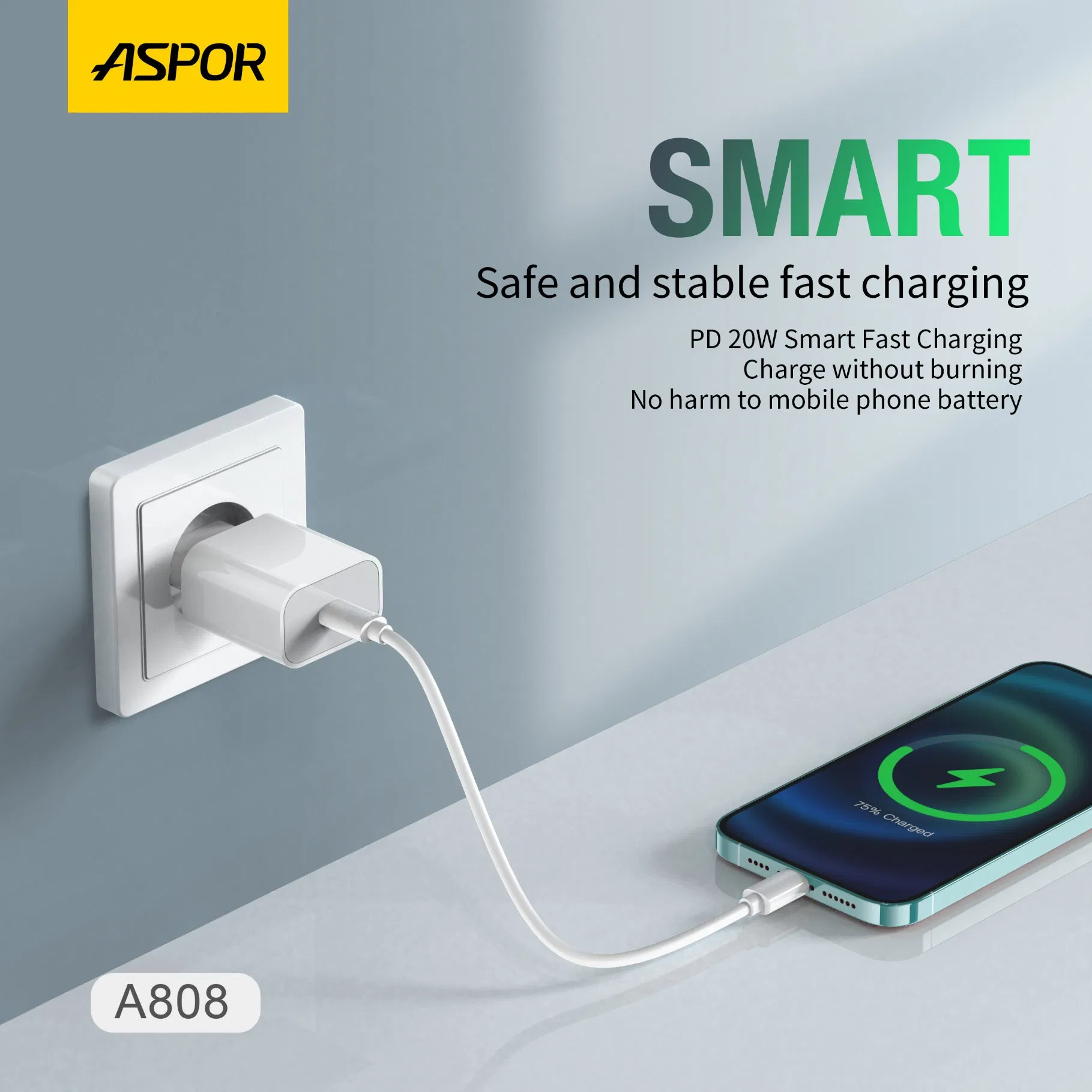 Aspor A808 UK EU Pd 20W Adapter USB Type C Type-C Fast Charging EU UK Plug Wall Charger Cable for Phone