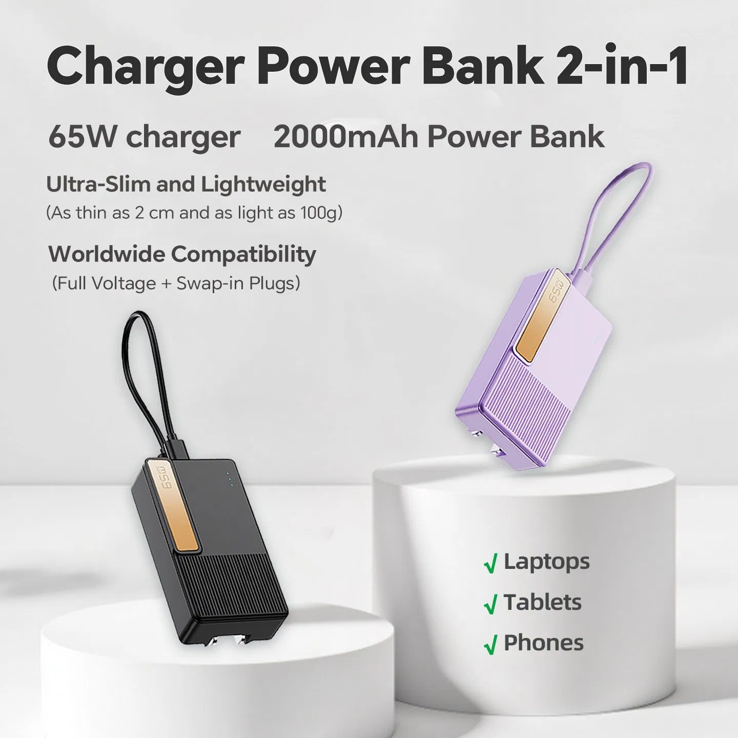 65W Compact USB-C GaN Charger 2000mAh Power Bank Travel Device