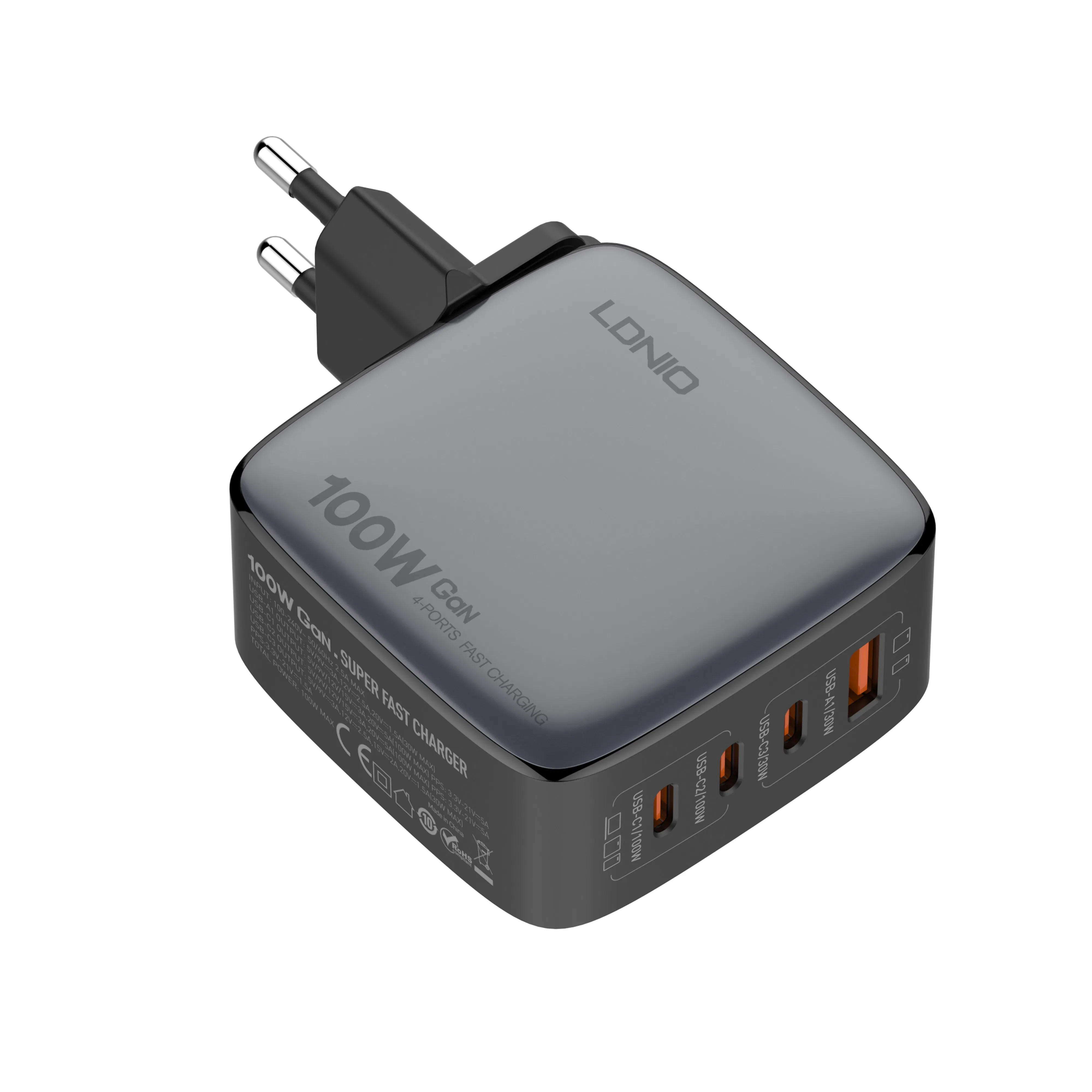 Ldnio Q408 Trending Products EU/Us/Au/Kr/UK Plug 100W Mini GaN Travel Adapter 4 USB Ports QC3.0 Pd Type C Fast Charger