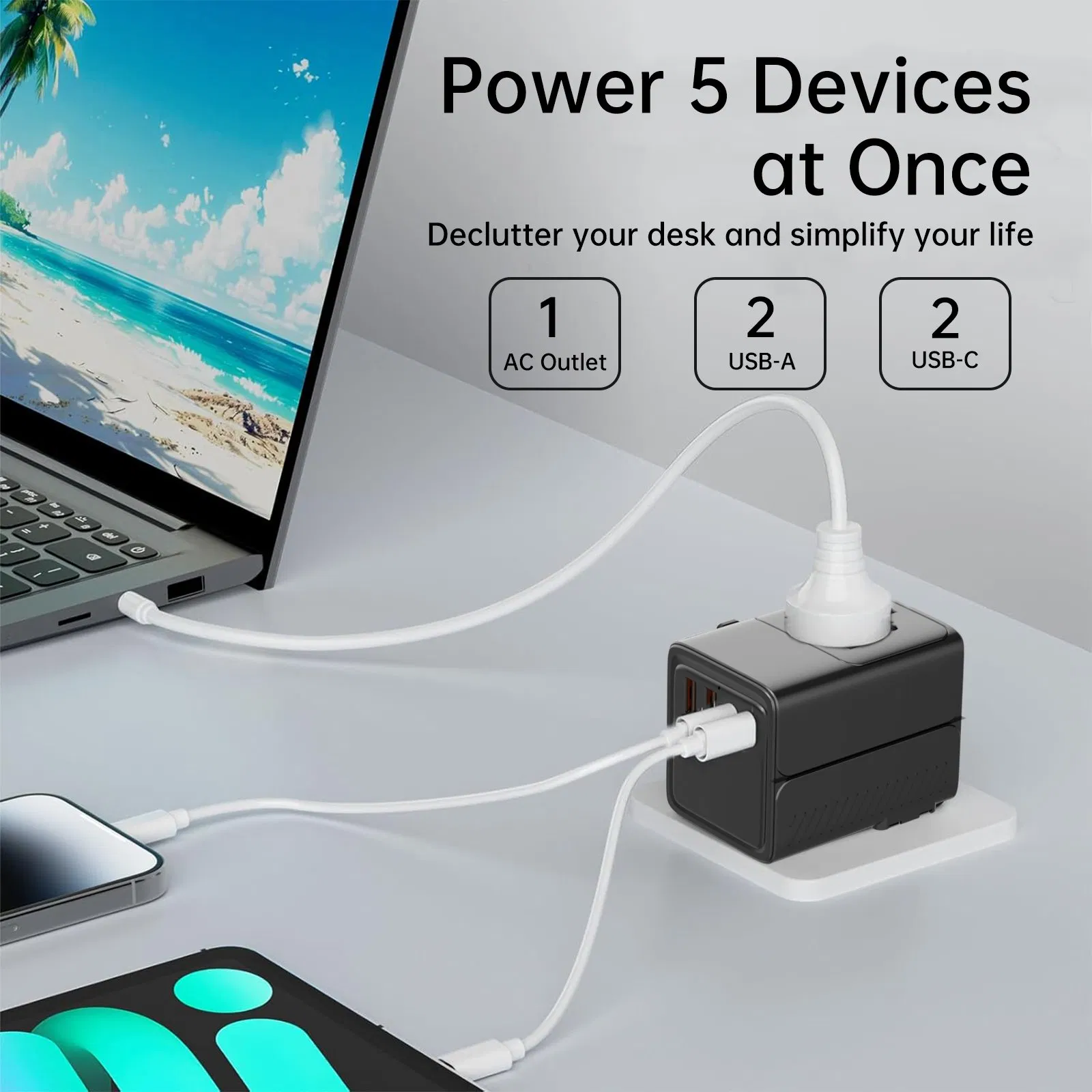 Aspor A886 65W Worldwide Charging Hub, GaN High-Speed Wall Adapter with 4 Embedded Plugs, 5-Way Output, Compact for Cell Phones