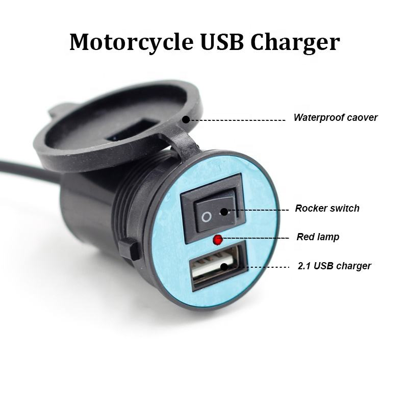 Clamp USB 12-24V Electric Bike Motorcycle Fast Charger 5V 2.1A Cover LED Indicator Light Rocker Switch Waterproof Socket Mobile