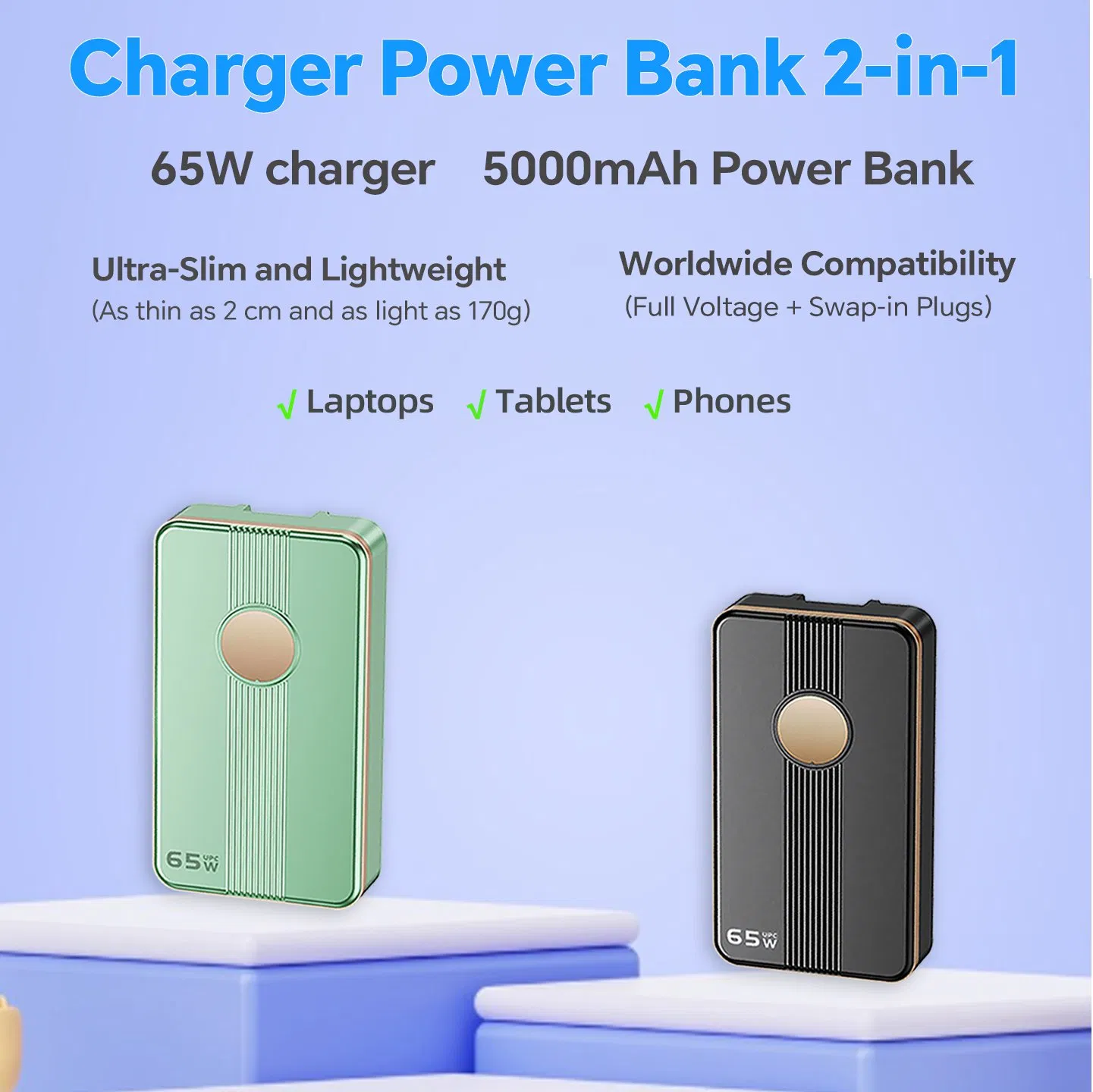65W USB-C Charger 5000mAh Power Bank GaN Compact Travel Adapter
