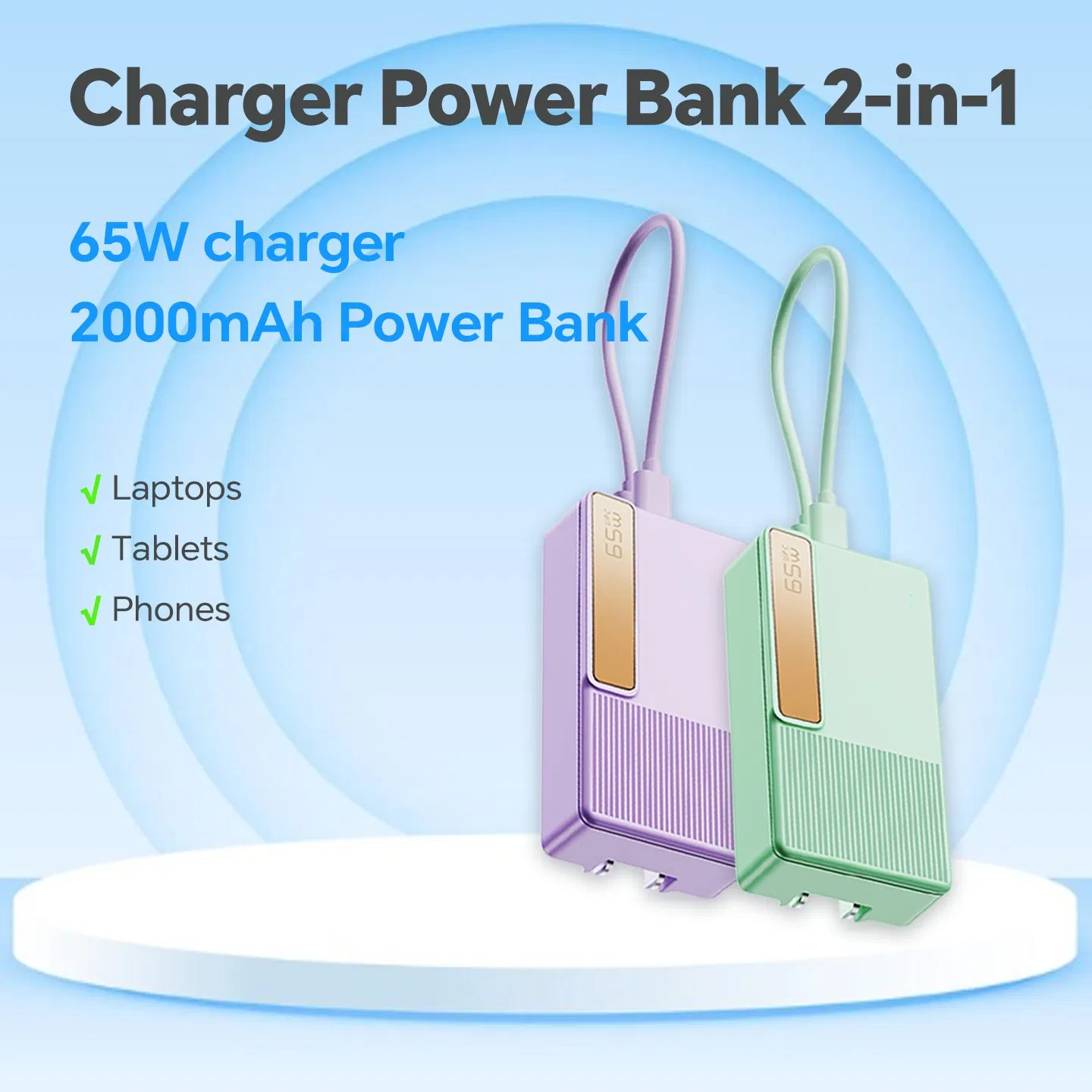 65W Power Delivery Fast Charger 2000mAh Power Bank Charger for Laptop Mobile Phone and Portable Electronic Device