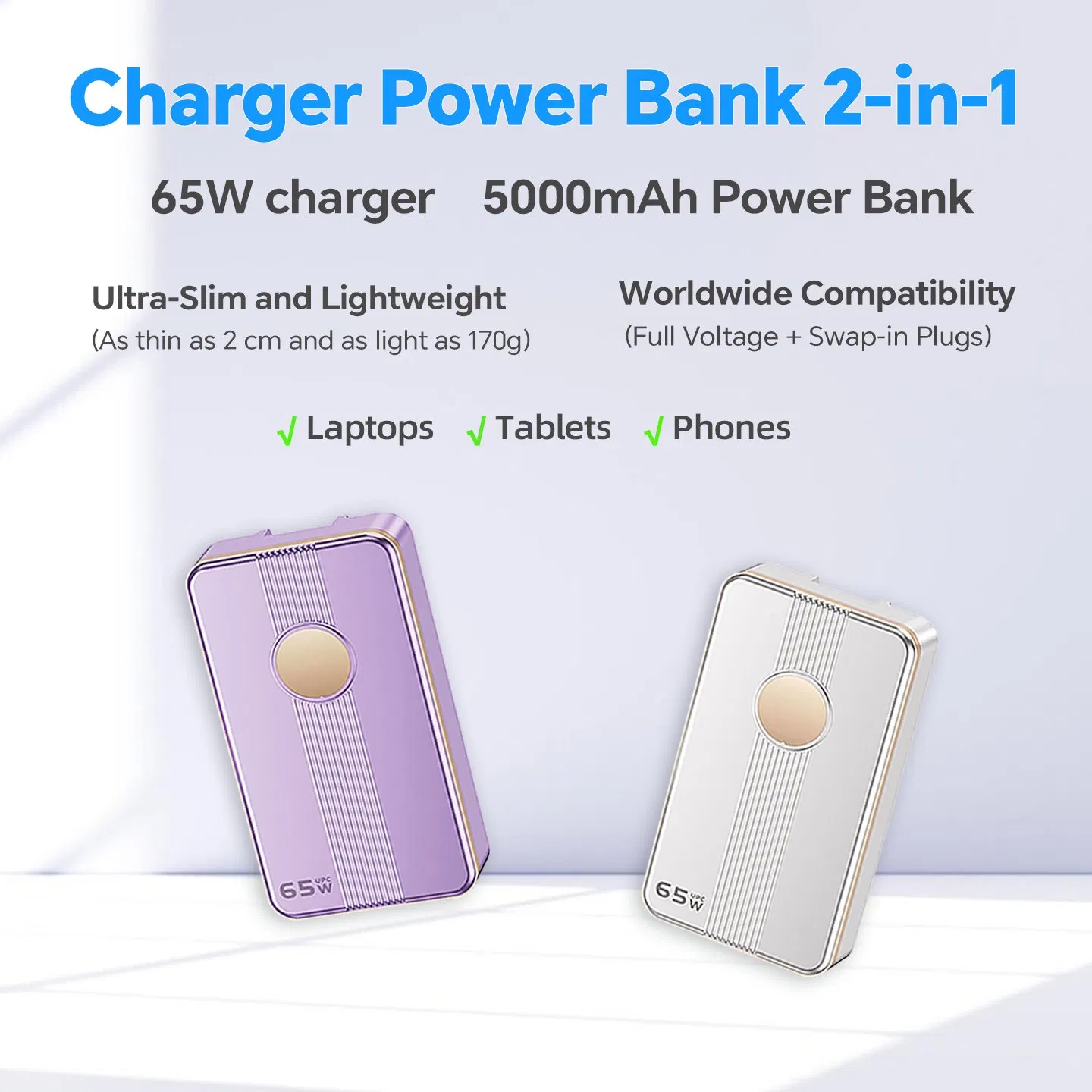 65W Compact GaN Charger Power Bank USB-C Travel Charger
