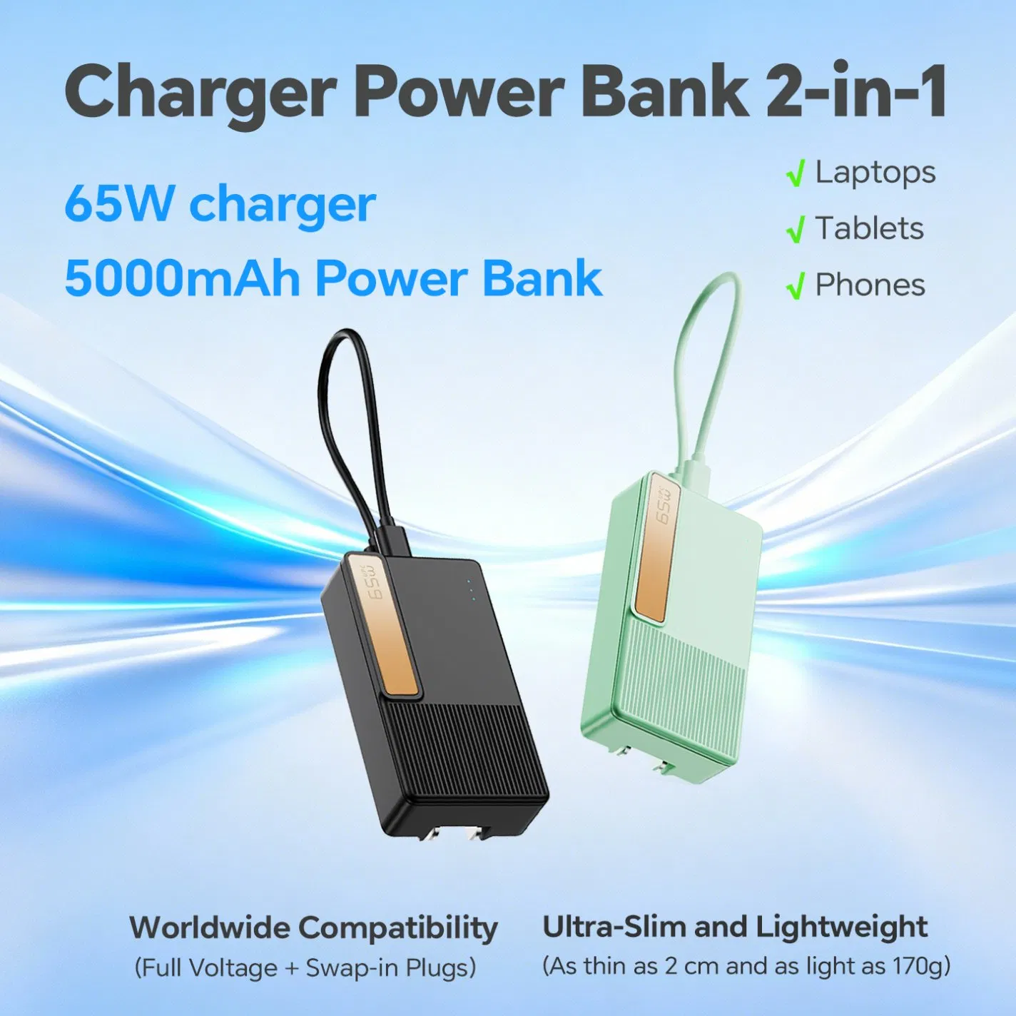Power Bank Temperature Control Power Delivery 65W GaN Pd Power Charger for USB Devices
