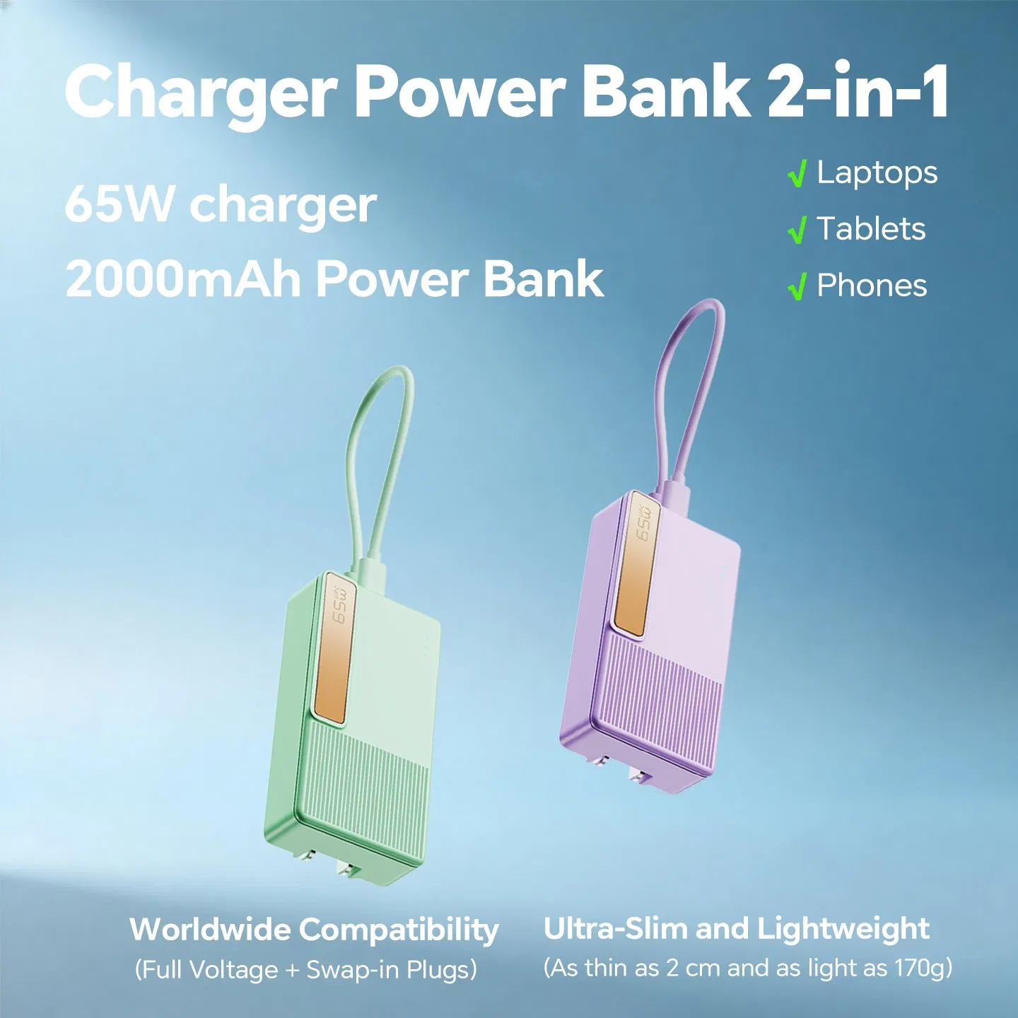 Dual Function Fast Charge Power Delivery 65W GaN Pd Uninterruptible Power Charger for Smartphones