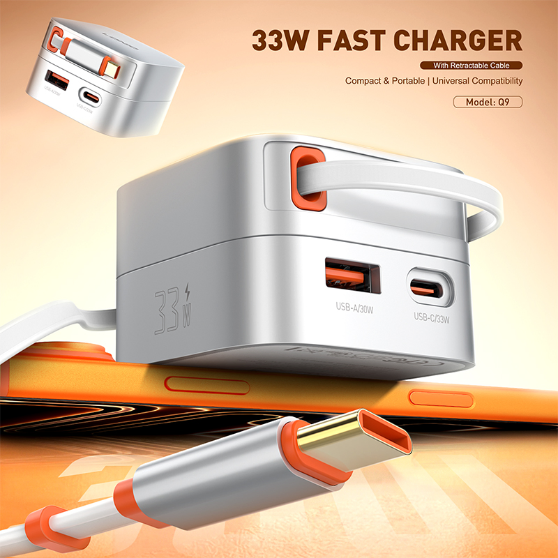 Ldnio Q9 33W GaN Pd3.0 PPS Ihone Fast Charger Retractable USB C Cable Travel Adapter Charger for iPhone LG Xiaomi Huawei
