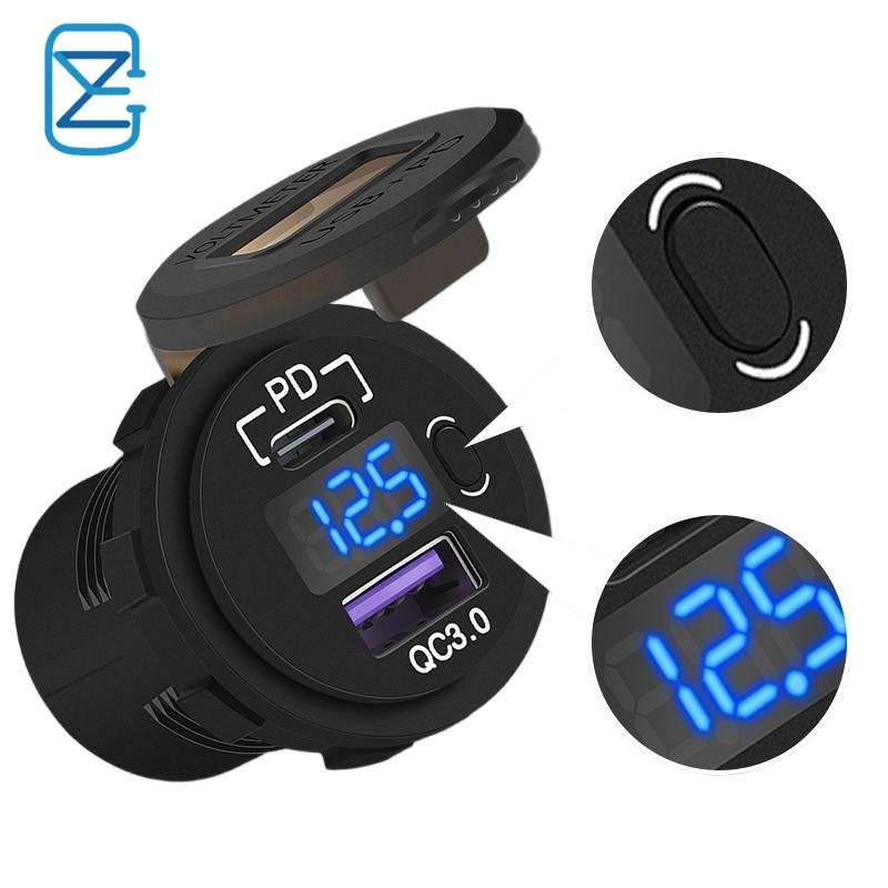 12V 24V Waterproof Voltage Display QC3.0 and Type C Dual USB Charger Socket Power Outlet for Car Boat Marine Mobile