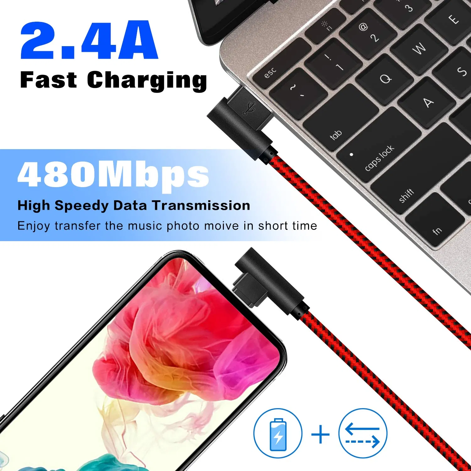 Durable USB to Lightning Cable Nylon Braided 90 Degree Angle for iPhone Mfi Mobile Devices