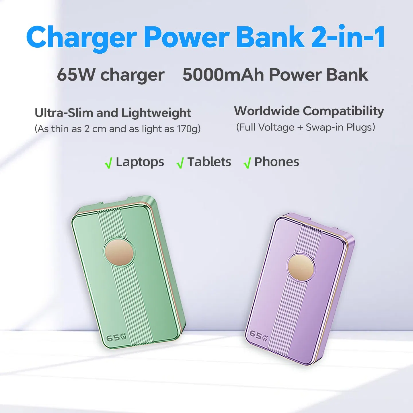 65W Compact GaN Charger Power Bank USB-C Travel Charger