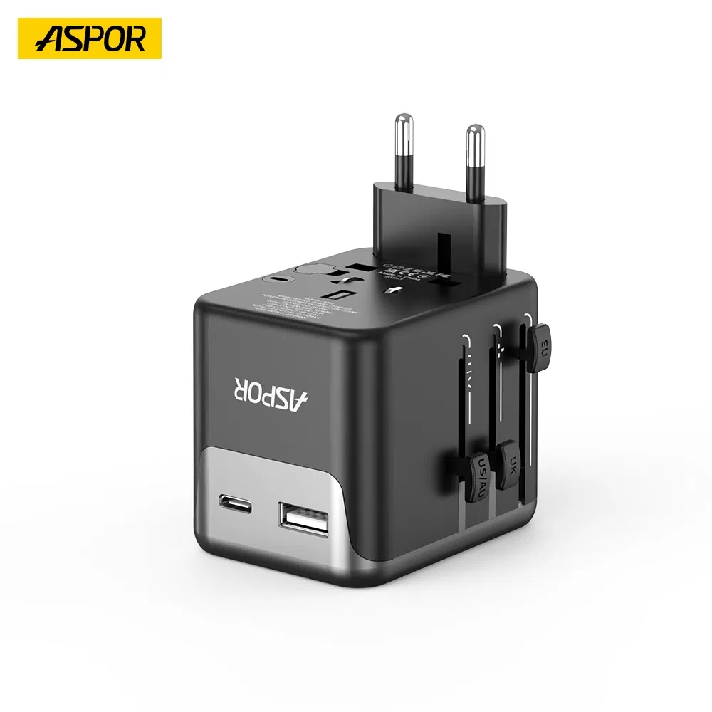 Aspor A891 Power Adapter 2.4A Multi-Country Charger with EU/UK/Us/Au