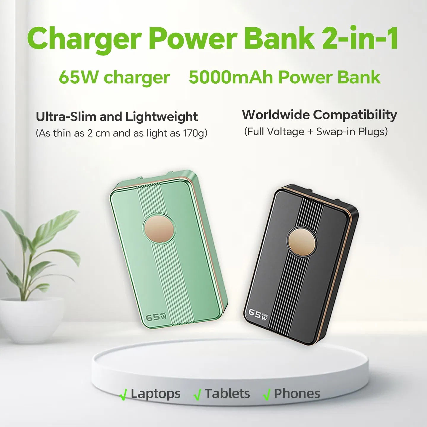 65W USB-C Power Delivery Charger Integrated 5000mAh Power Bank for Worldwide Travel