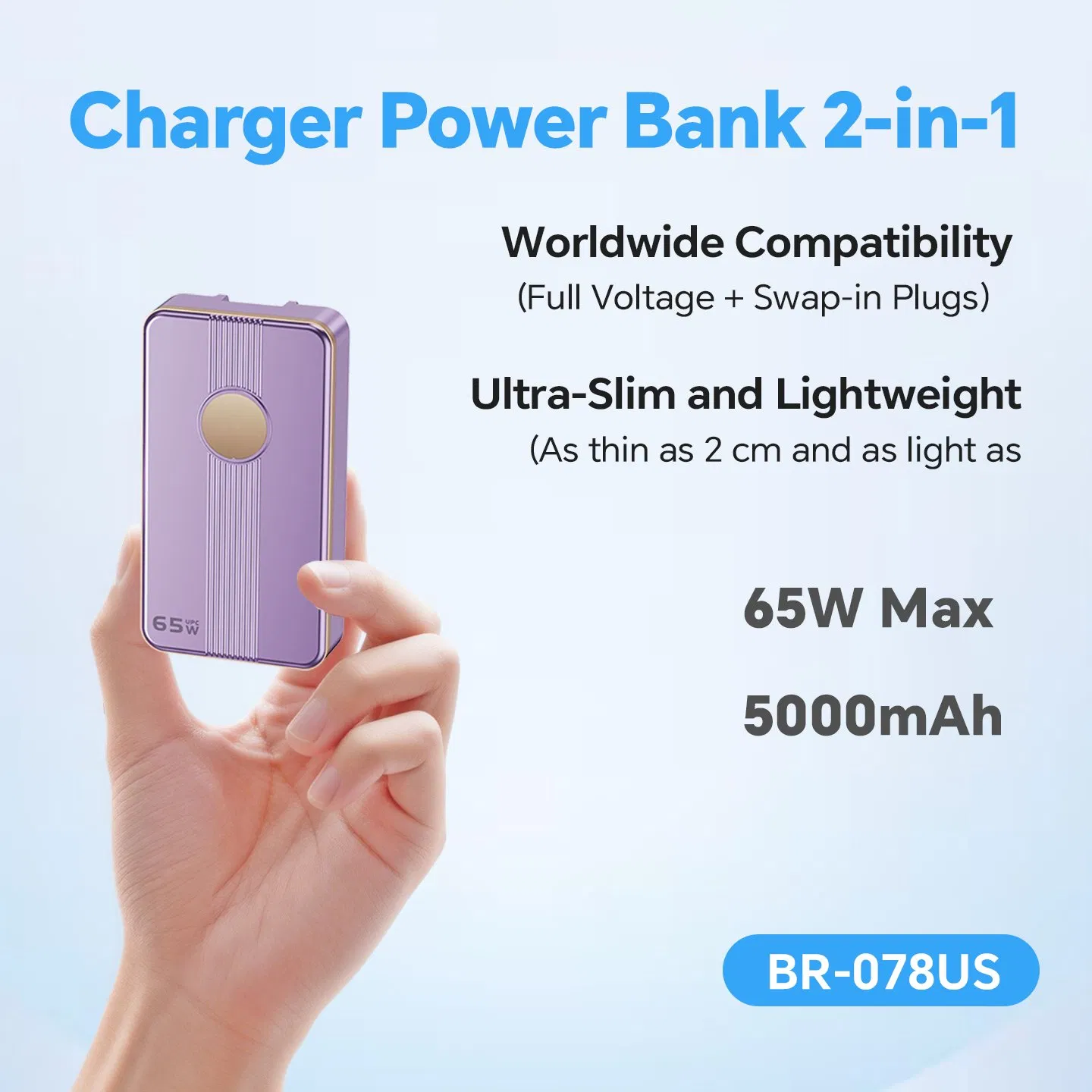 65W Pd USB-C Fast Charger Foldable Plug Compact for Android Tablets Phones &amp; Laptops, Portable Power Bank Charger for Light Business Travel
