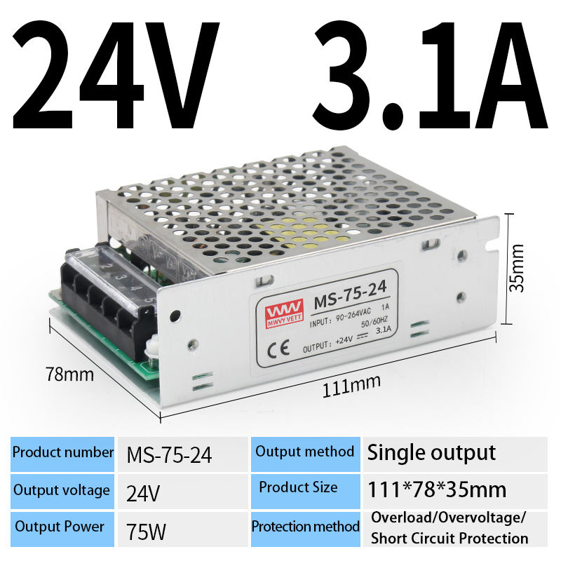 Ms-75-24 75W 24V 3 Years Warranty AC DC 5V 12V 24 Volt 60 100W AMP Power Supply Switching Mode Mini High Voltage DC LED Switchin