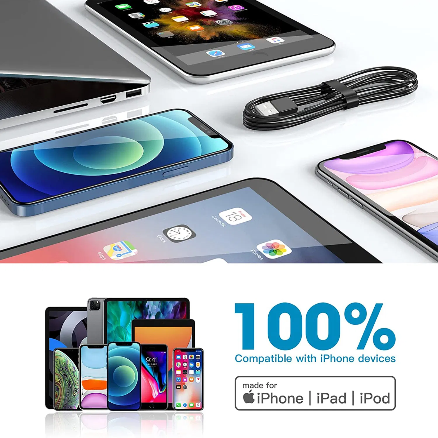 Reinforced Durable Mfi Certified Lightning Charging Cable Data Wire for Mobile Devices