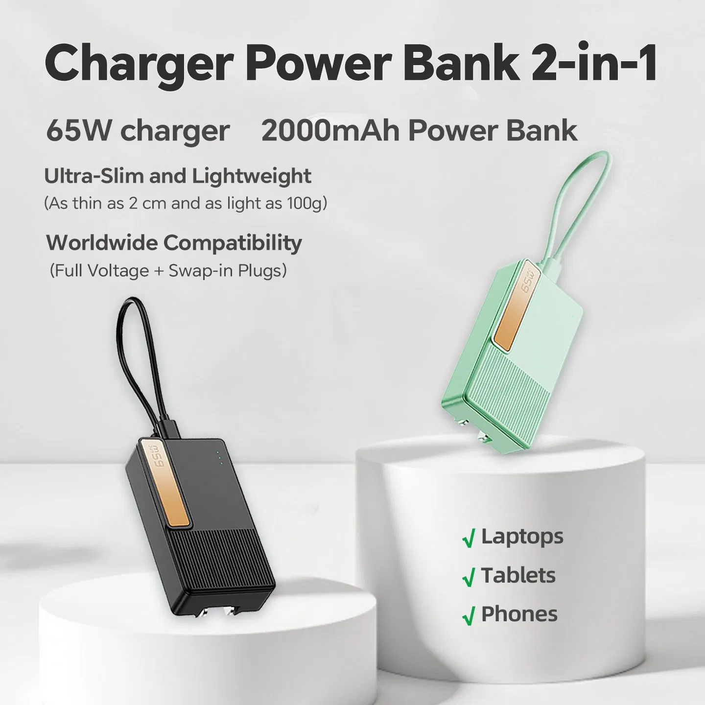 65W Compact USB-C GaN Charger 2000mAh Power Bank Travel Device