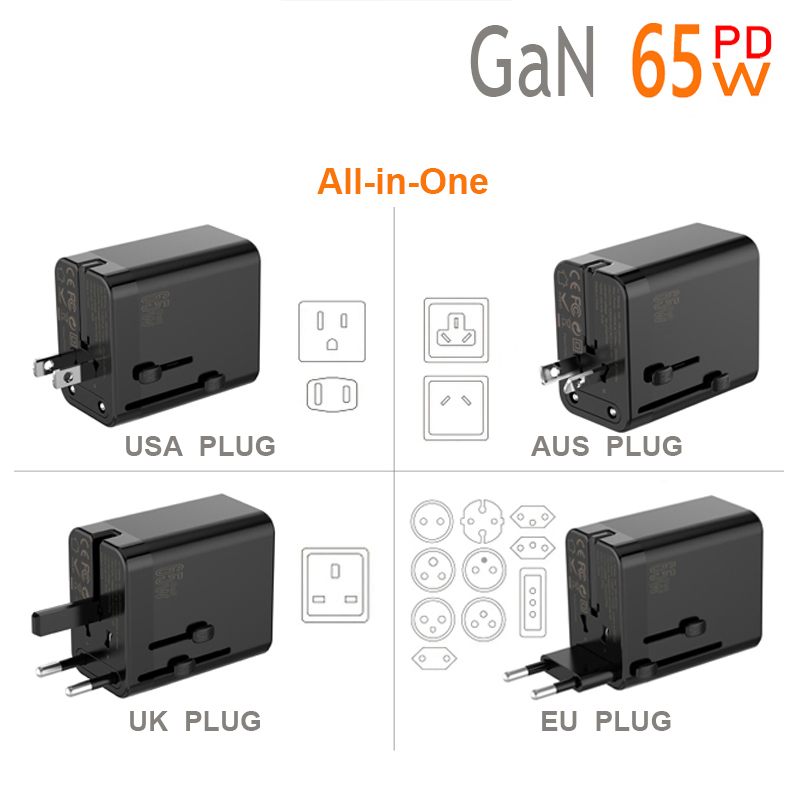 New 65W GaN World Travel Adapter Charger 4-Port Fast Charging Foldable Plug