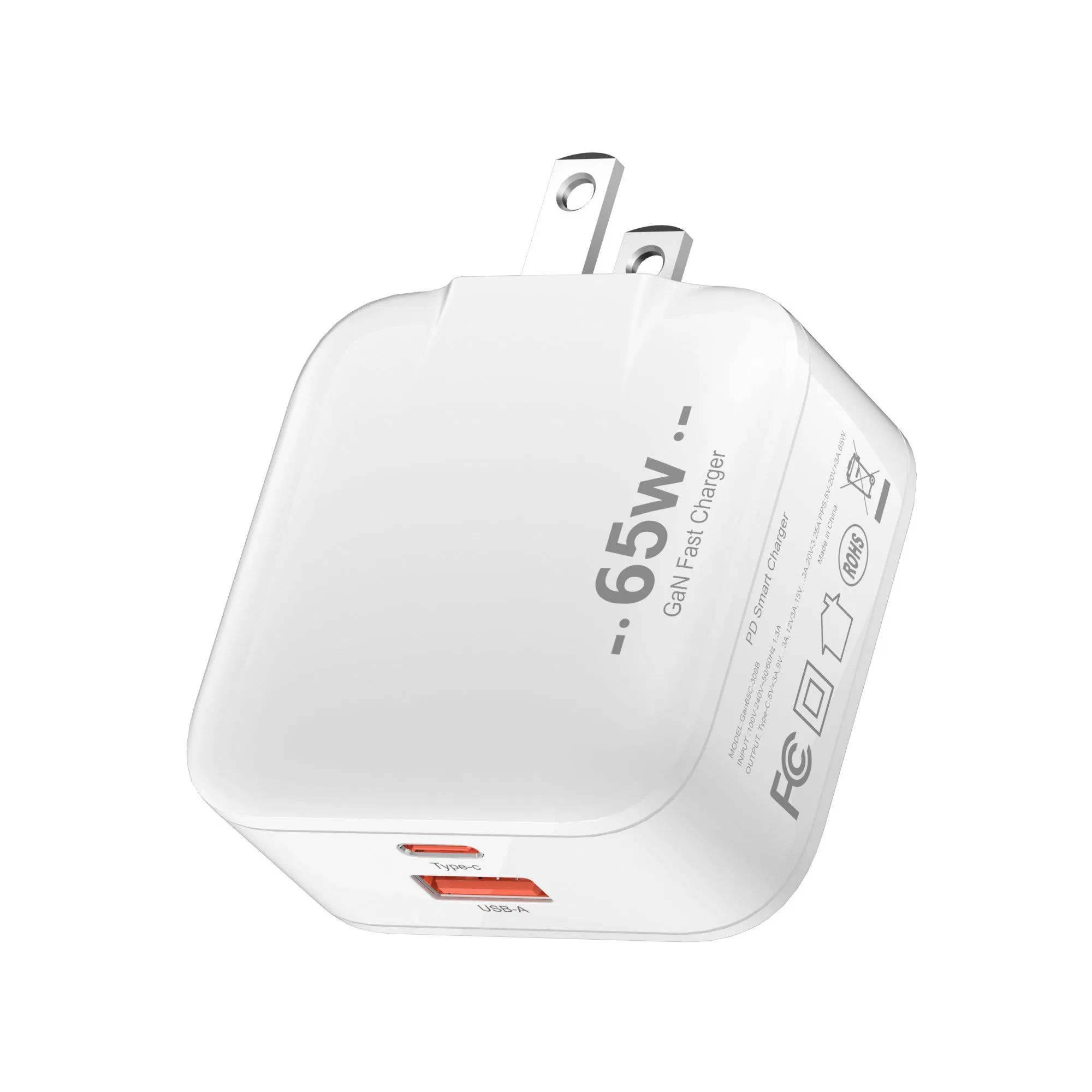Chinese Factory 65W Two-Port GaN USB-C Mobile Charger with Power Delivery Pd for Laptops, Tablets &amp; Phones (iPhone16/ 15/14/13/12/11/X, iPad, MacPro, Samsung)