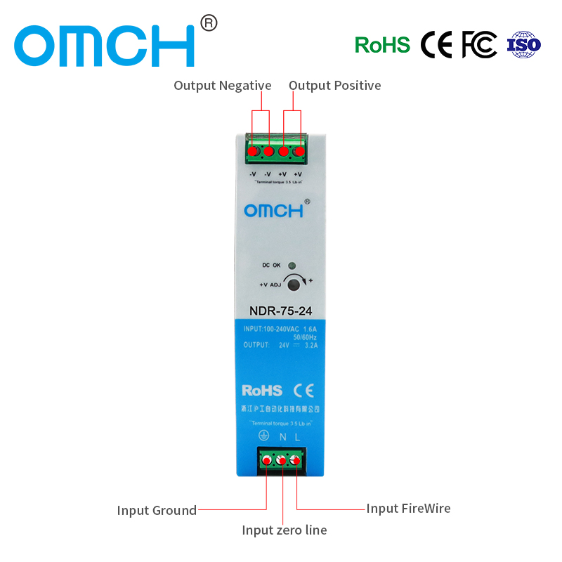 Omch High-Efficiency Ndr-75 Series DIN-Rail Switching Power Supply 12V 24V