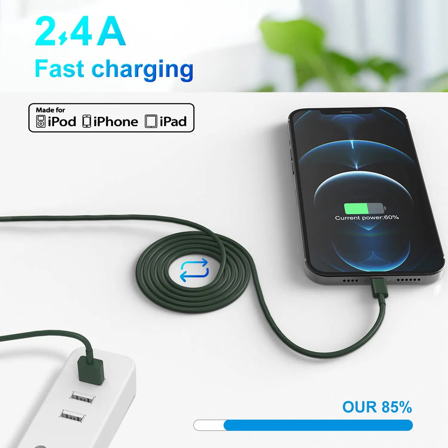Reinforced Durable Mfi Certified Lightning Charging Cable Data Wire for Mobile Devices