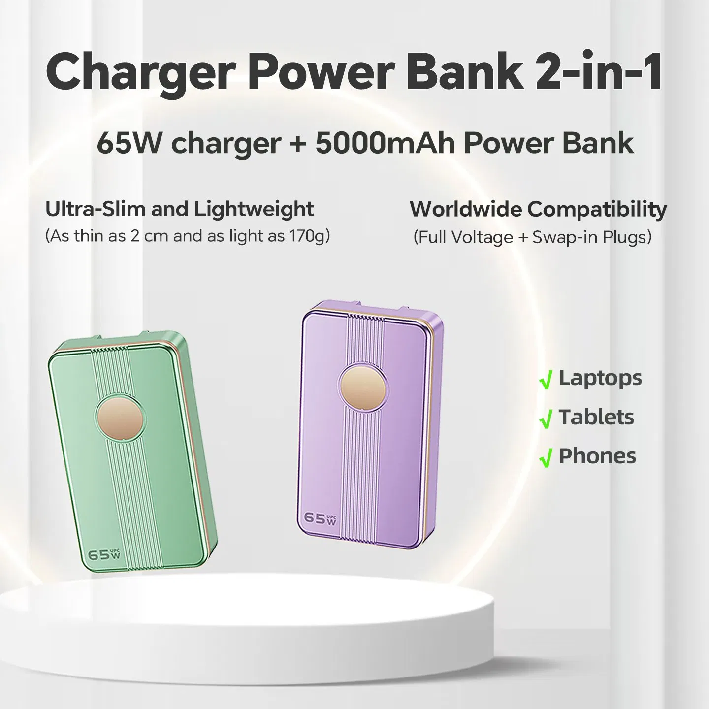 65W USB-C Power Delivery Charger with Power Bank GaN Adapter