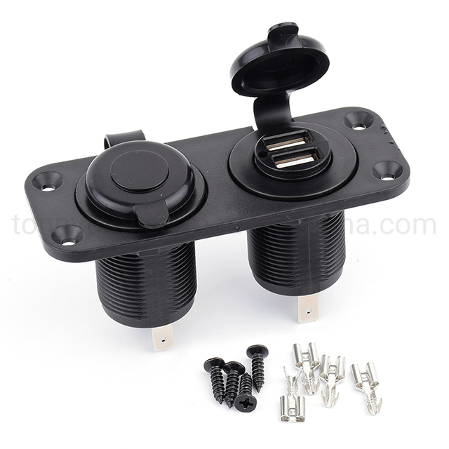 12V 24V 3.4A Dual Socket Car USB Charger Adapter Port Kit Waterproof Cigarette Lighter with Mounting Panel