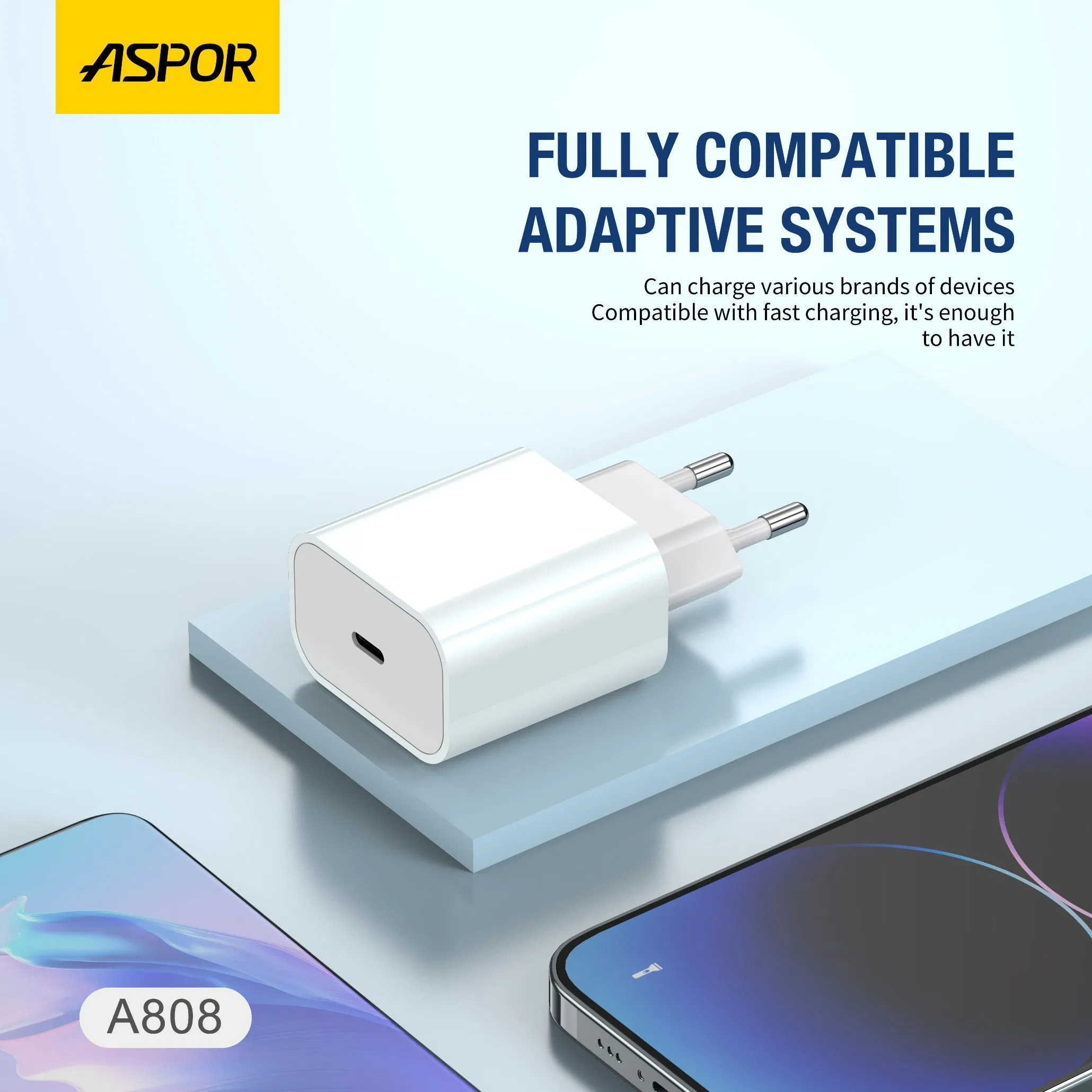 Aspor A808 UK EU Pd 20W Adapter USB Type C Type-C Fast Charging EU UK Plug Wall Charger Cable for Phone