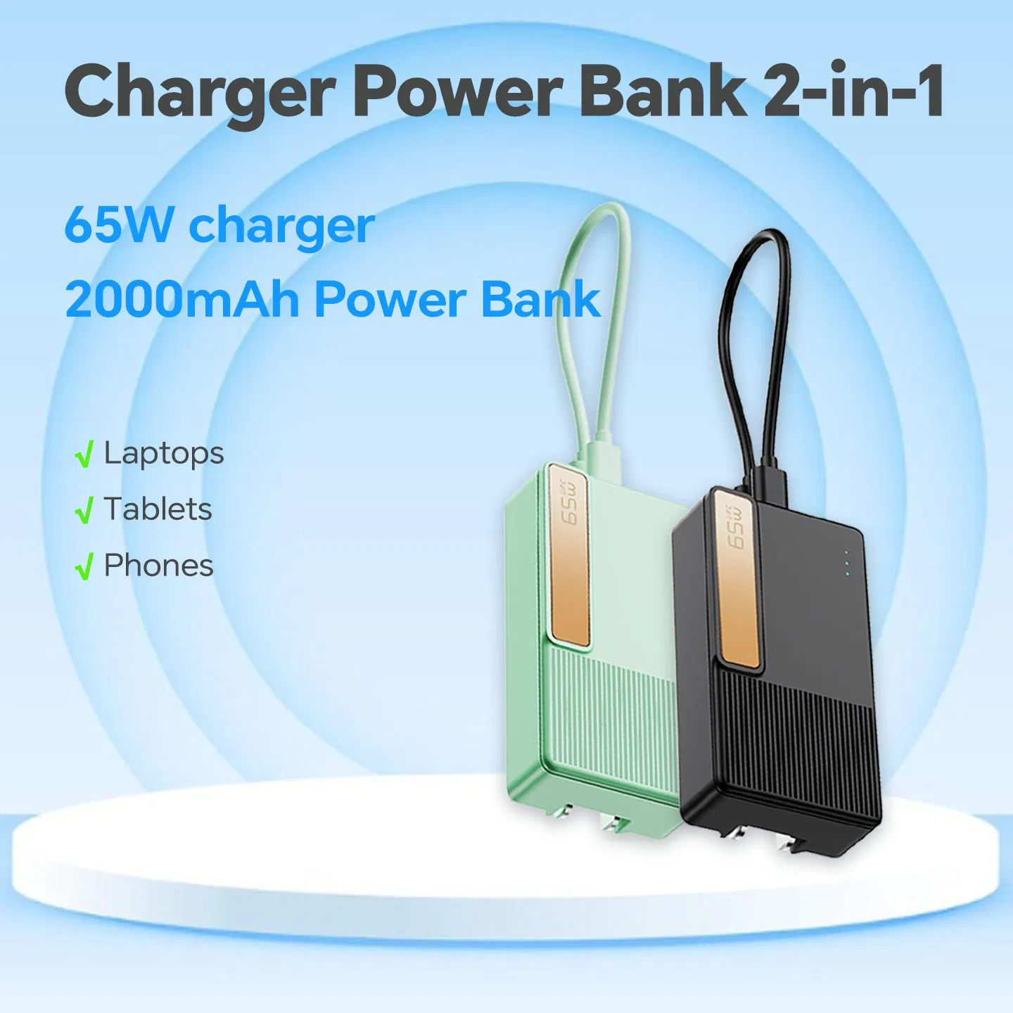 65W Power Delivery Fast Charger 2000mAh Power Bank Charger for Laptop Mobile Phone and Portable Electronic Device
