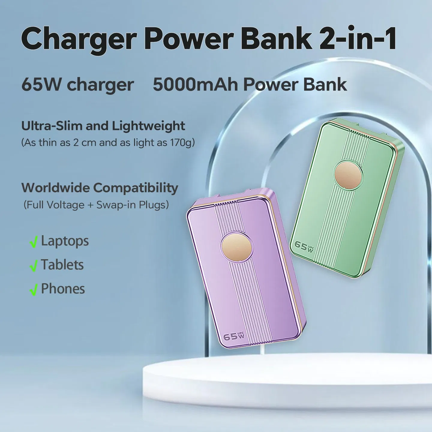 65W 2-in-1 Compact GaN Charger 5000mAh Power Bank USB-C for Business Travel and Daily Life