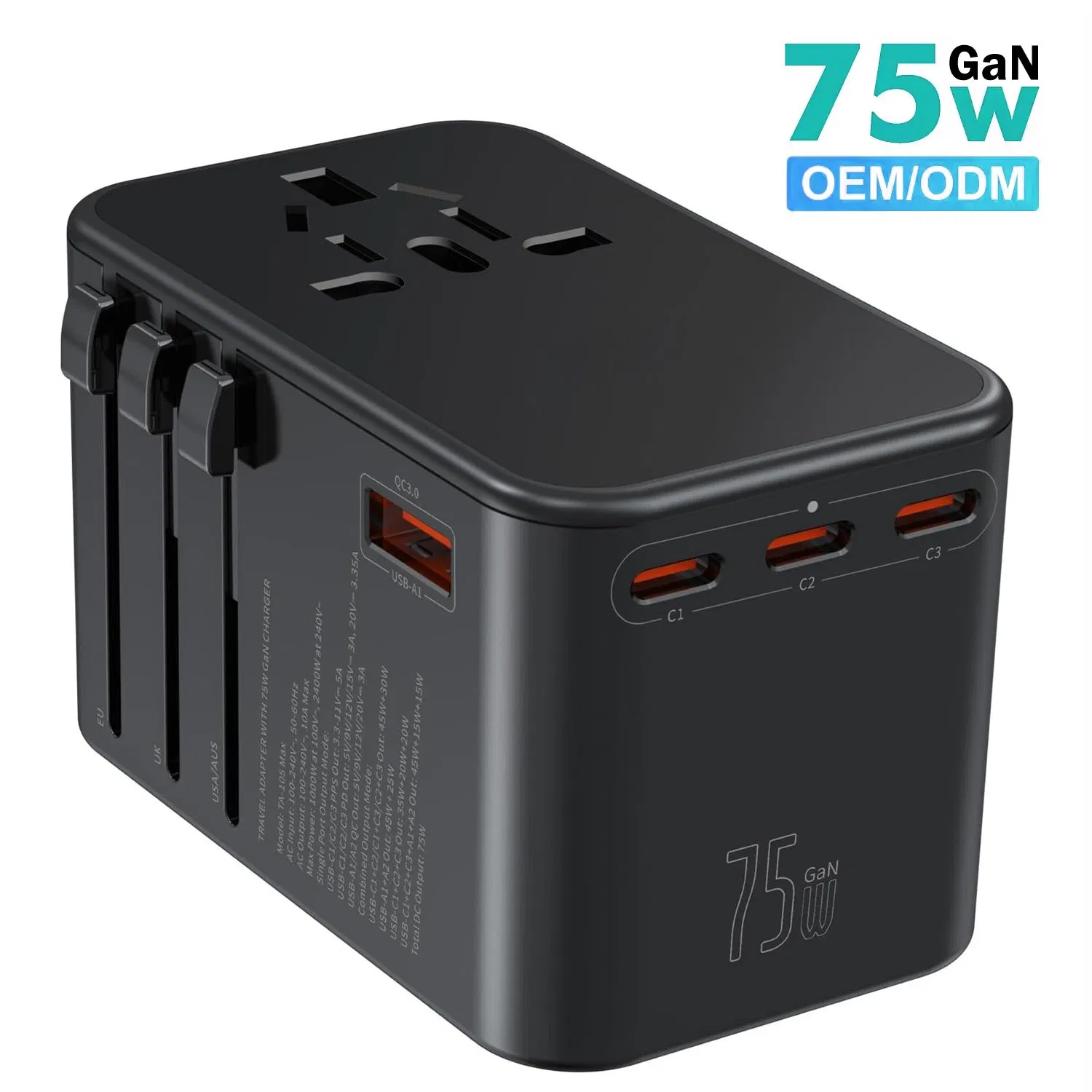 Multi-Port GaN Charger - 3 USB-C and 1 USB-a for Worldwide Compatibility